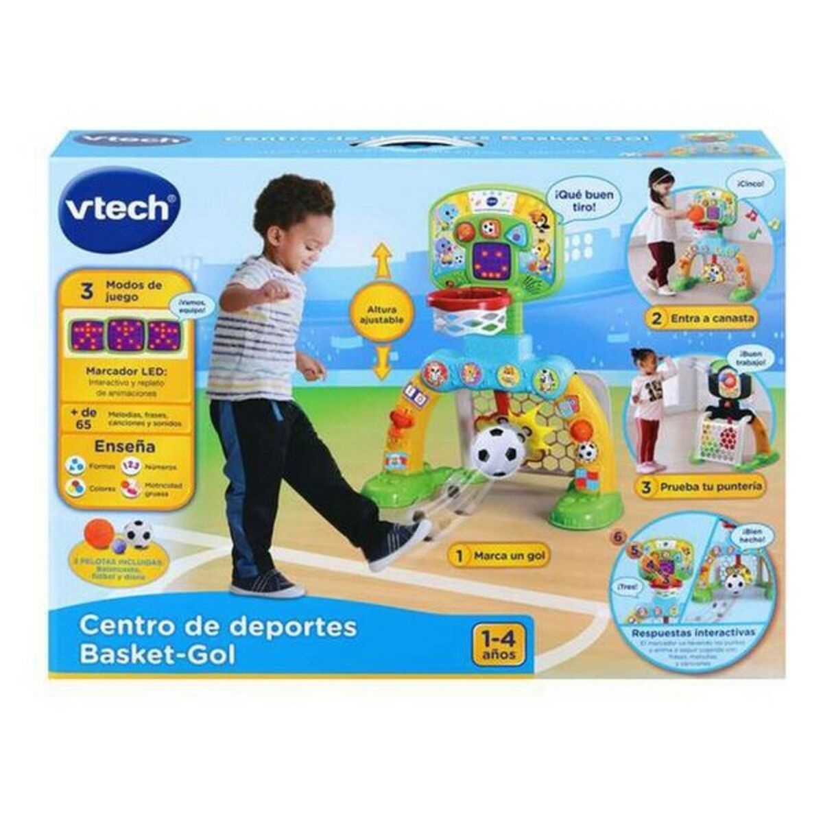 Caja de juguetes VTech Basket-Gol con un niño jugando al baloncesto. Se incluyen otros niños y texto.