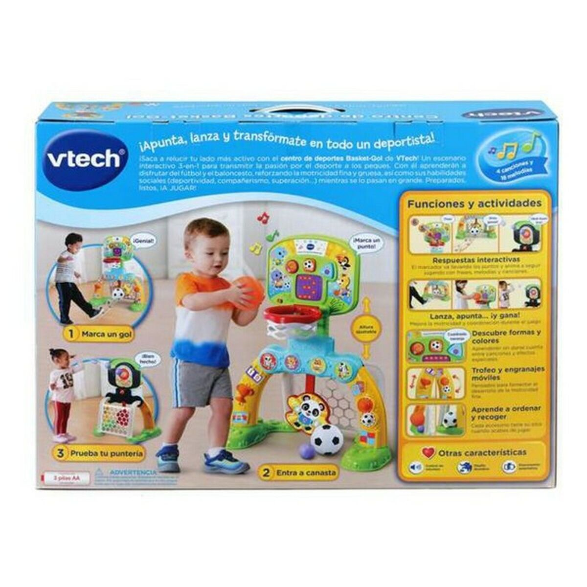 Una caja de juguetes VTech que muestra a un niño jugando al baloncesto. Hay texto e ilustraciones.