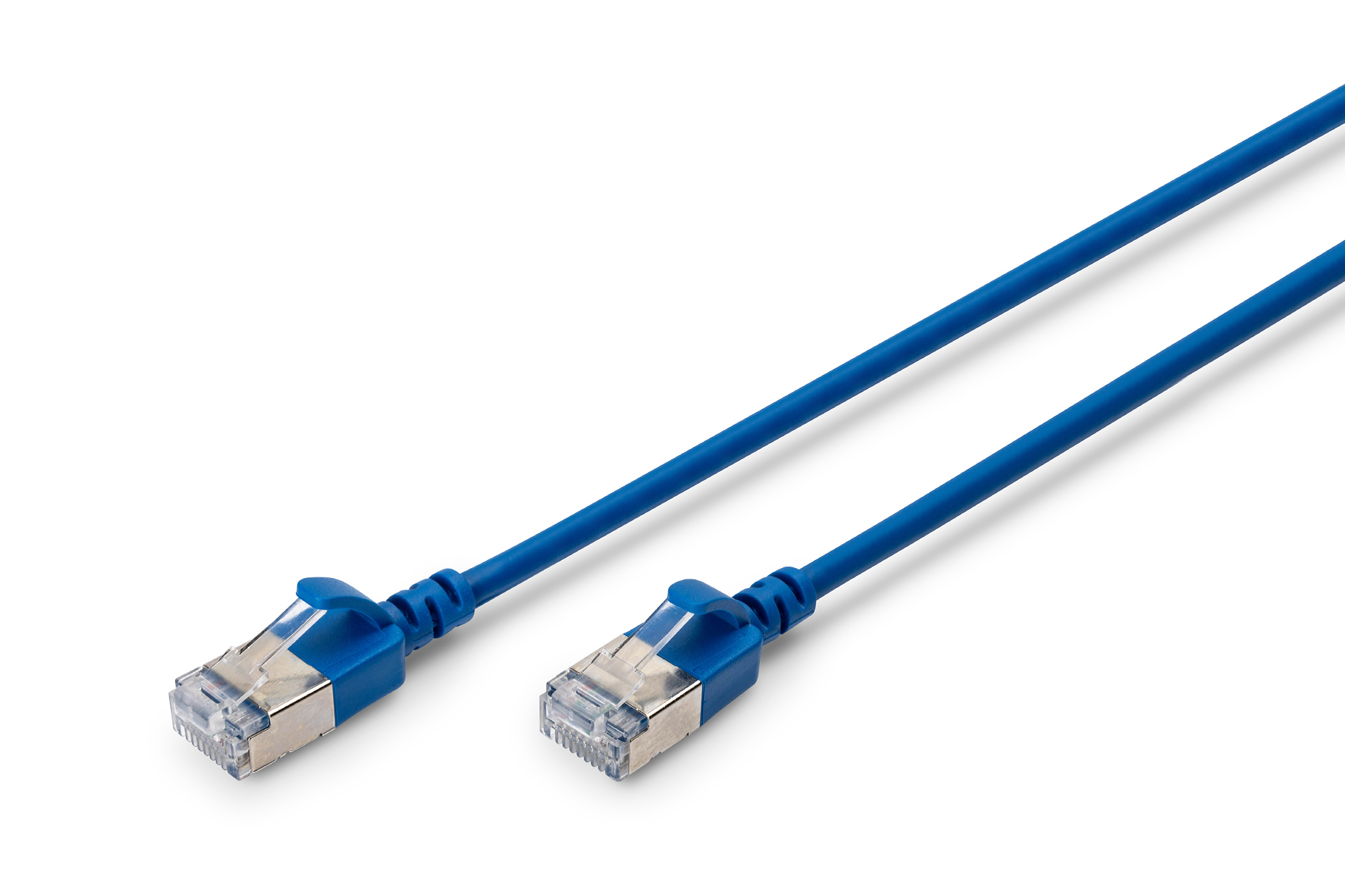 Due cavi di rete blu con connettori RJ45, angolati su una superficie bianca.