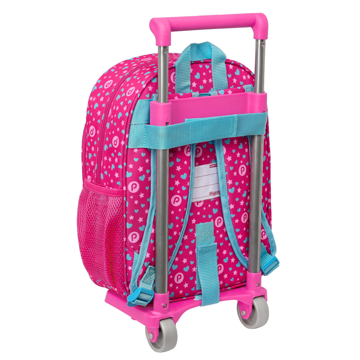 Mochila rodante rosa con correas azules, patrón de corazones y estrellas, con bolsillo lateral de malla.