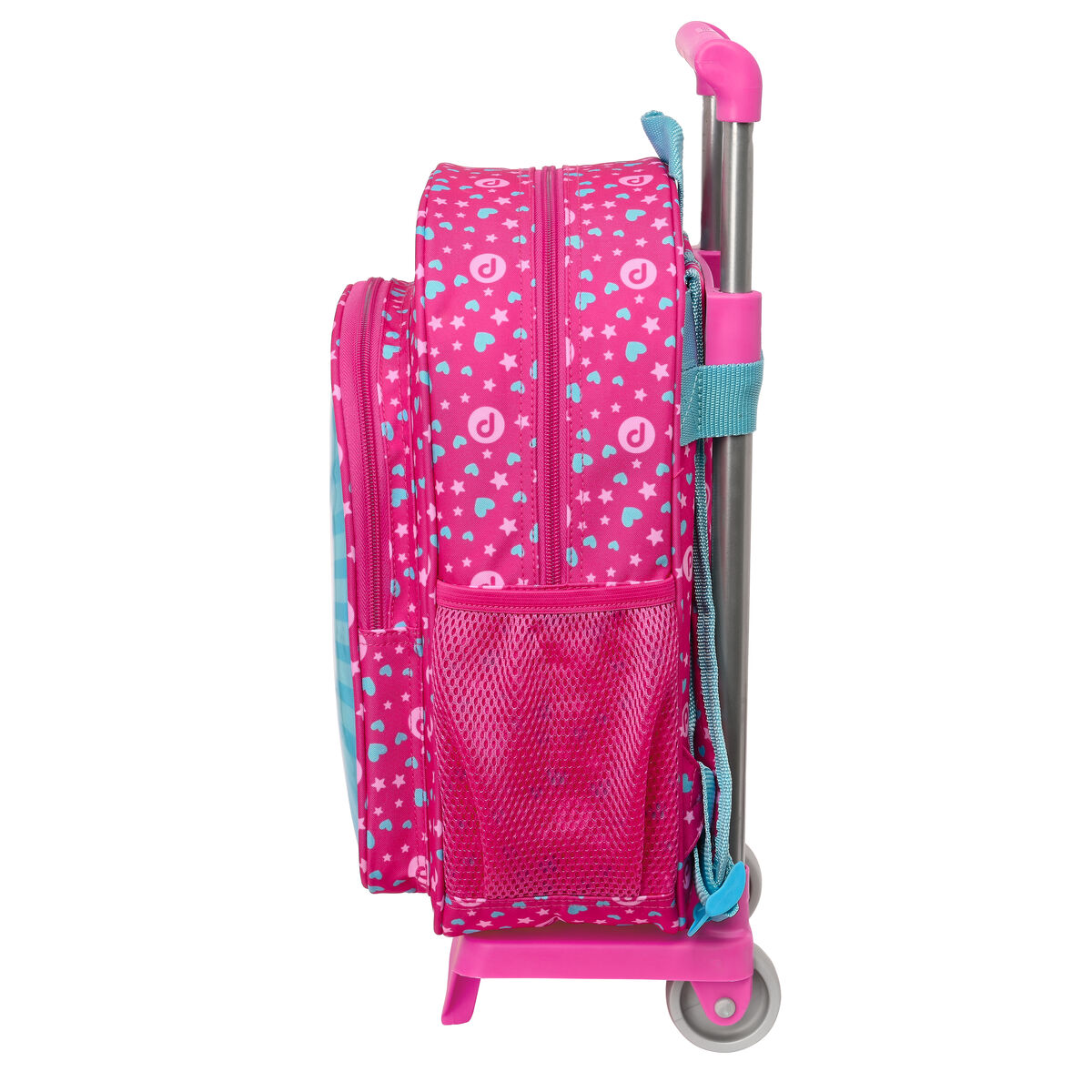 Mochila rodante rosa con patrón azul, vista lateral, con detalles. Rosa, azul, estrellas, corazones.
