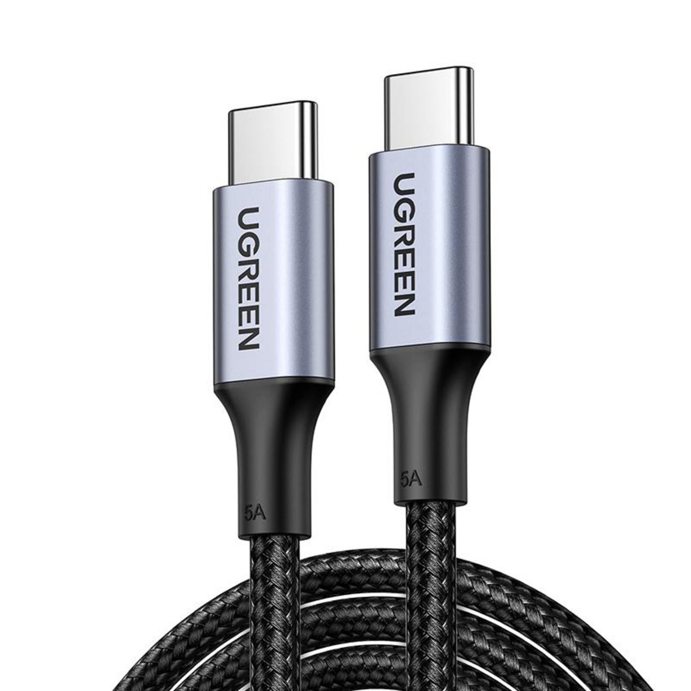 Twee UGREEN USB-C-kabels, zwart en gevlochten, met zilveren connectoren. Witte achtergrond.