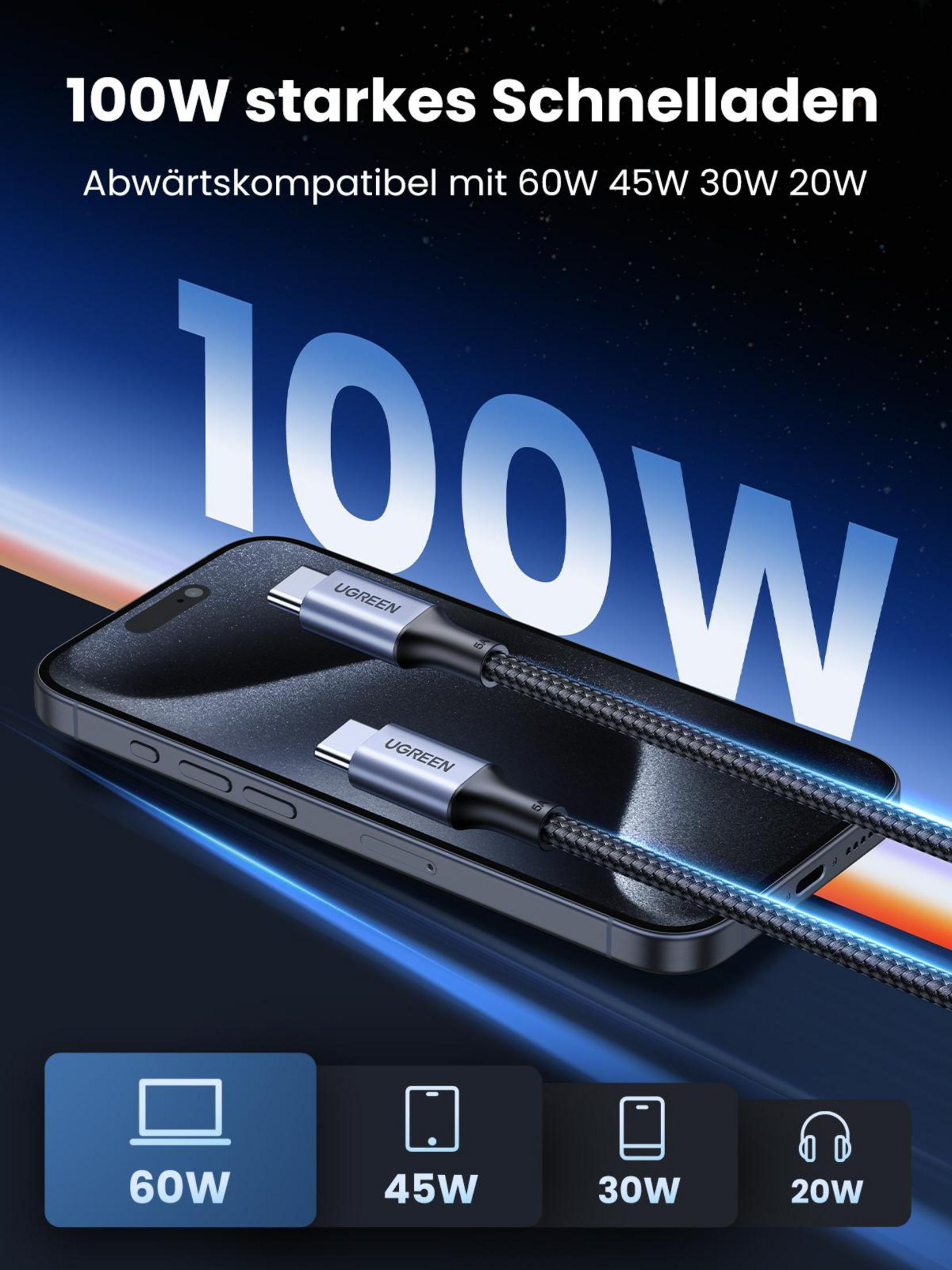 Afbeelding toont een telefoon aangesloten met een kabel, met 100W opladen.