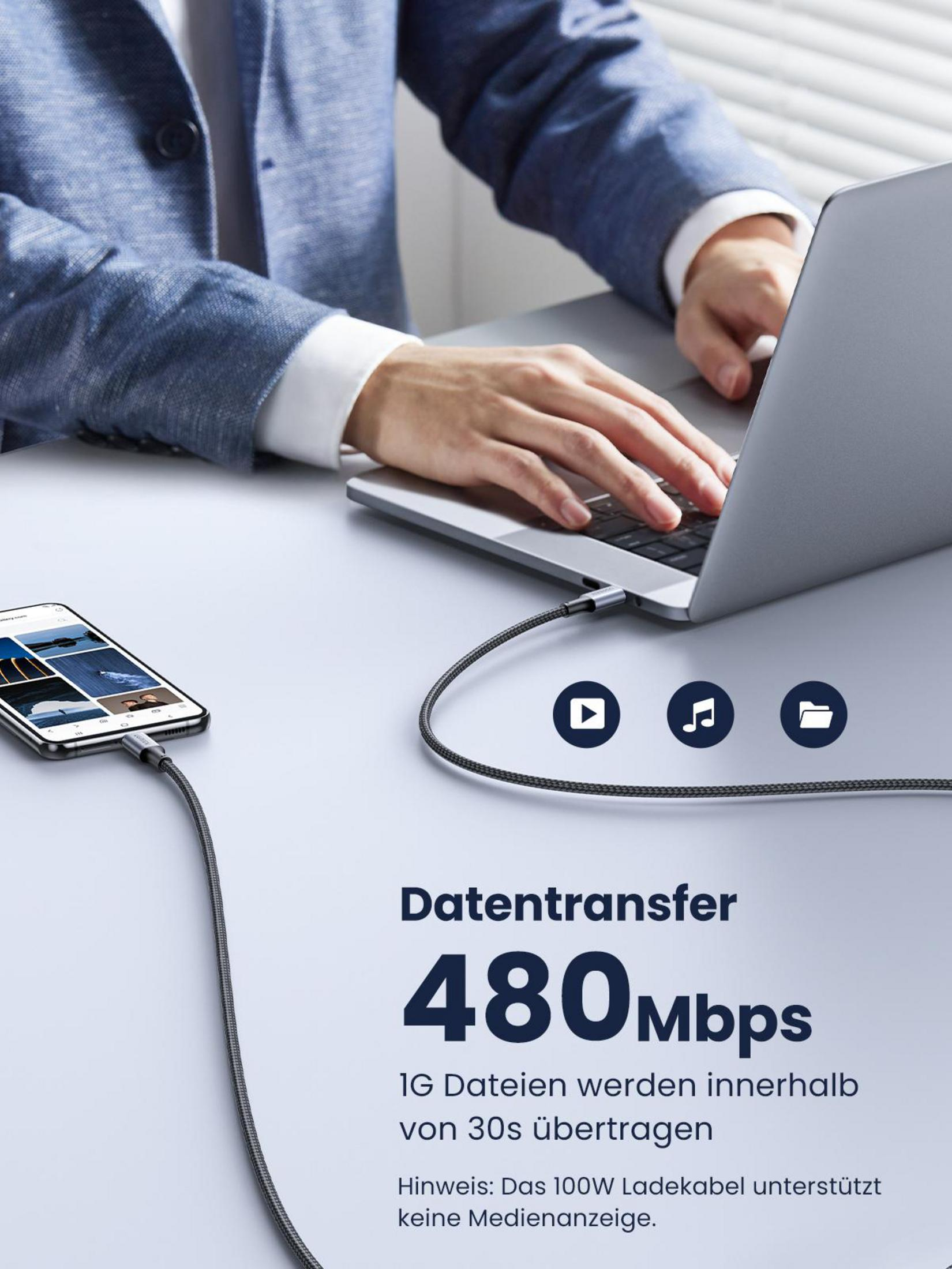 Een persoon gebruikt een laptop met een oplaadkabel aangesloten op een telefoon. Gegevensoverdrachtssnelheden worden weergegeven.