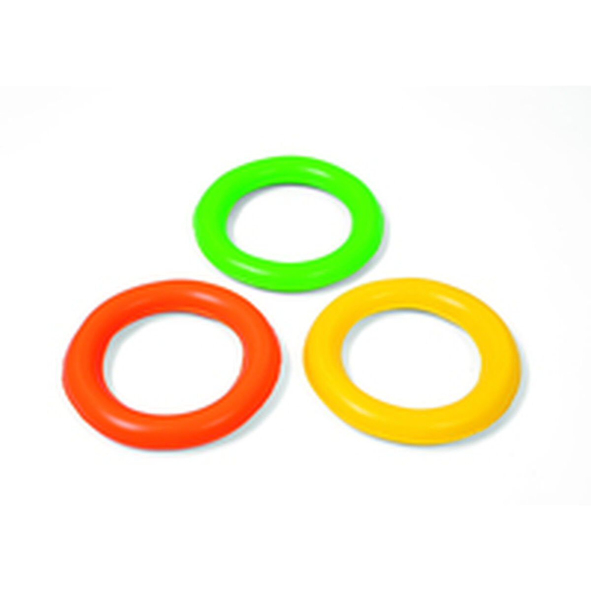 Trzy kolorowe pierścienie wyświetlane na białym tle. Zielony, pomarańczowy i żółty to kolory.