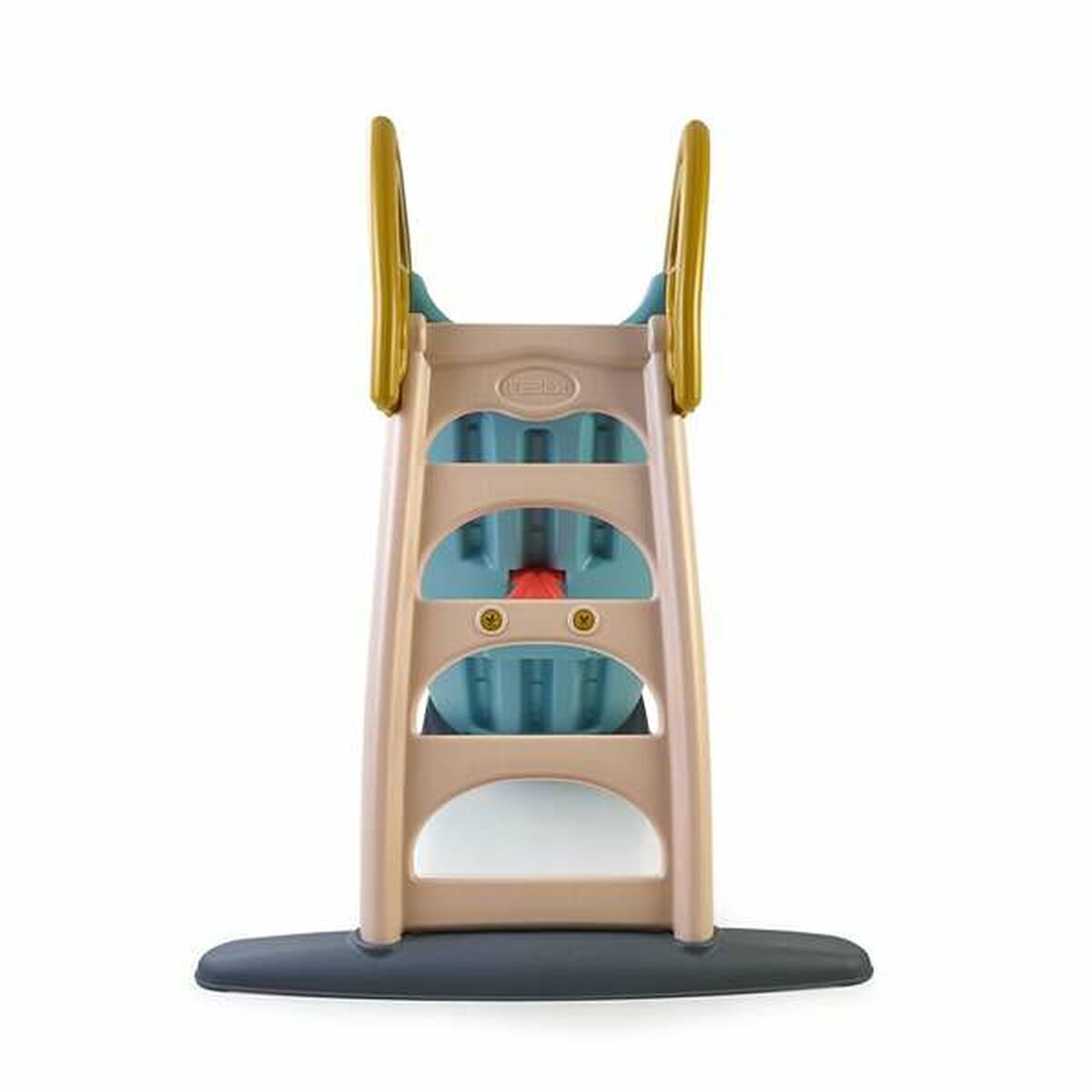 Vista frontal de un tobogán de plástico con escalera en colores beige y azul. Sobre fondo blanco.