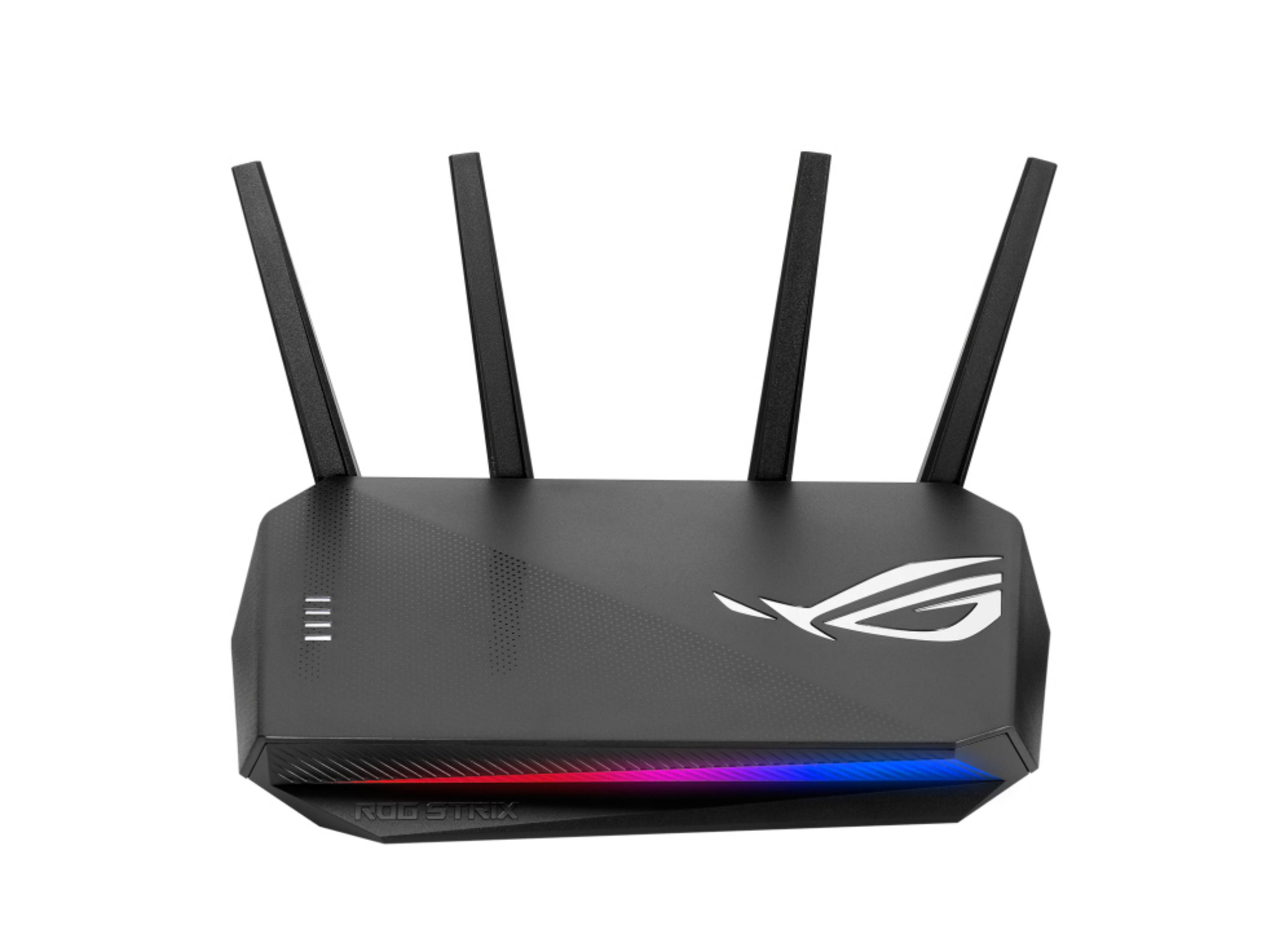 Czarny router ROG Strix z czterema antenami, logo ROG i kolorowym paskiem LED na dole.
