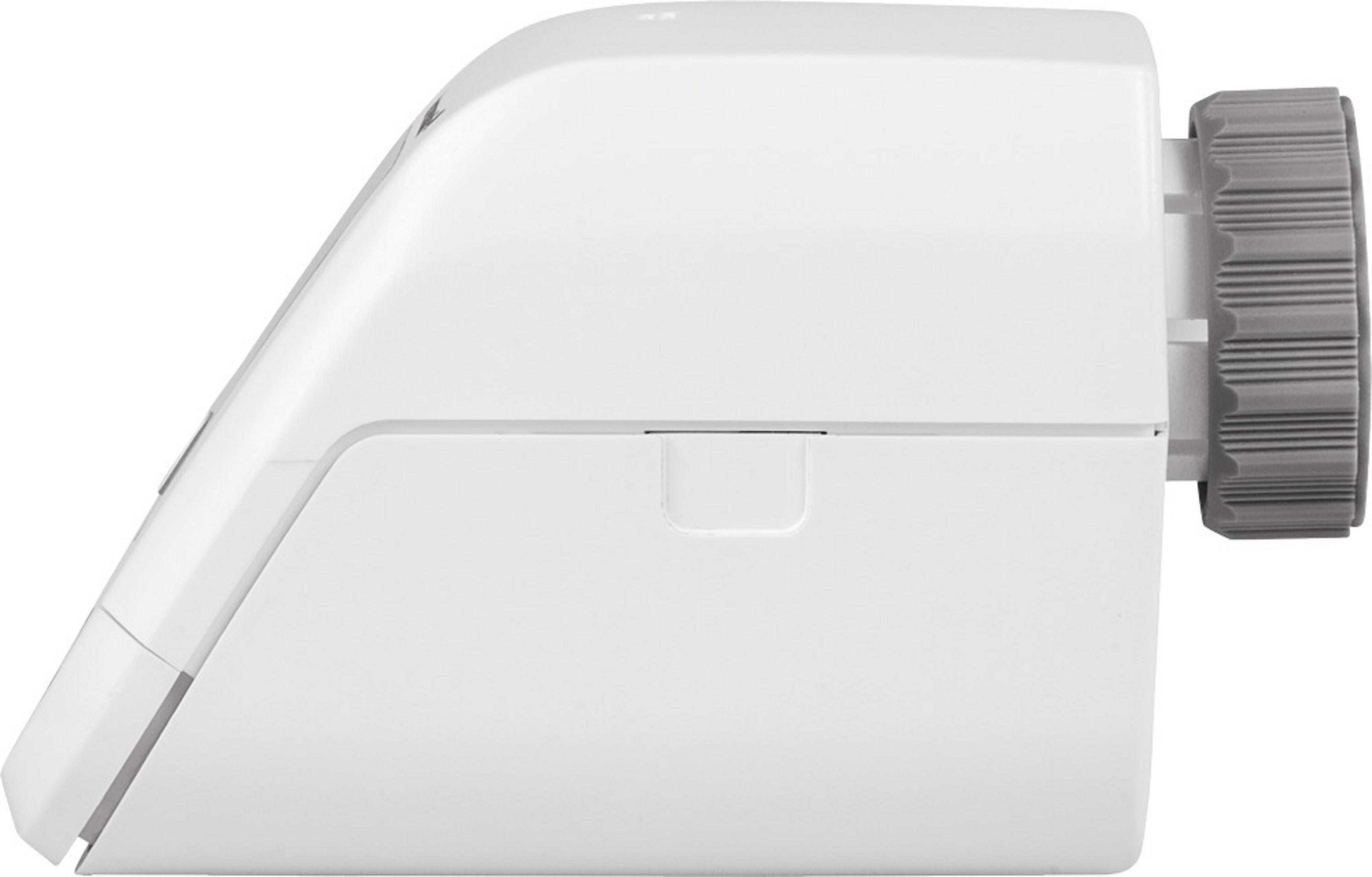 Weißes elektronisches Gerät mit grauem Drehregler rechts und kleiner Öffnung an der Seite.