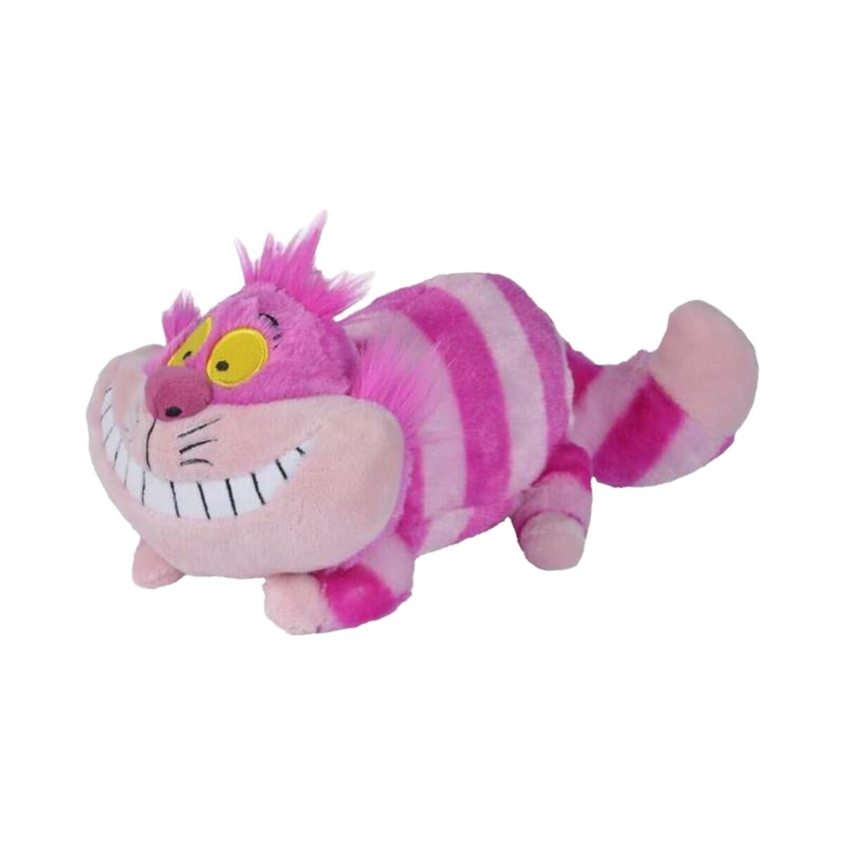 Peluche rosa del Gato de Cheshire con rayas, amplia sonrisa y ojos amarillos, sobre blanco.