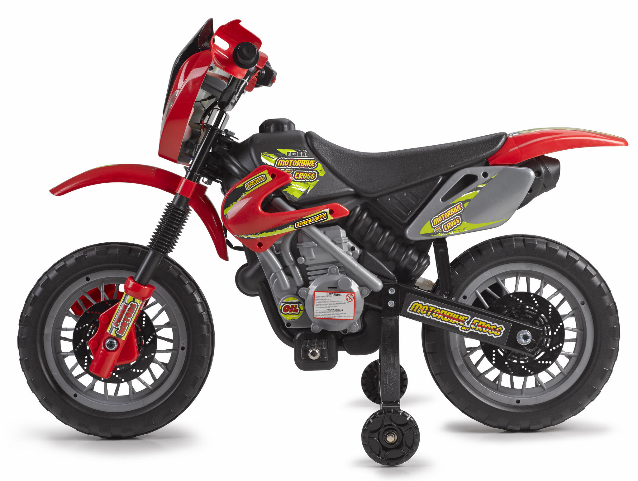 Motocicleta de juguete roja y negra con ruedines, con calcomanías de motocross.