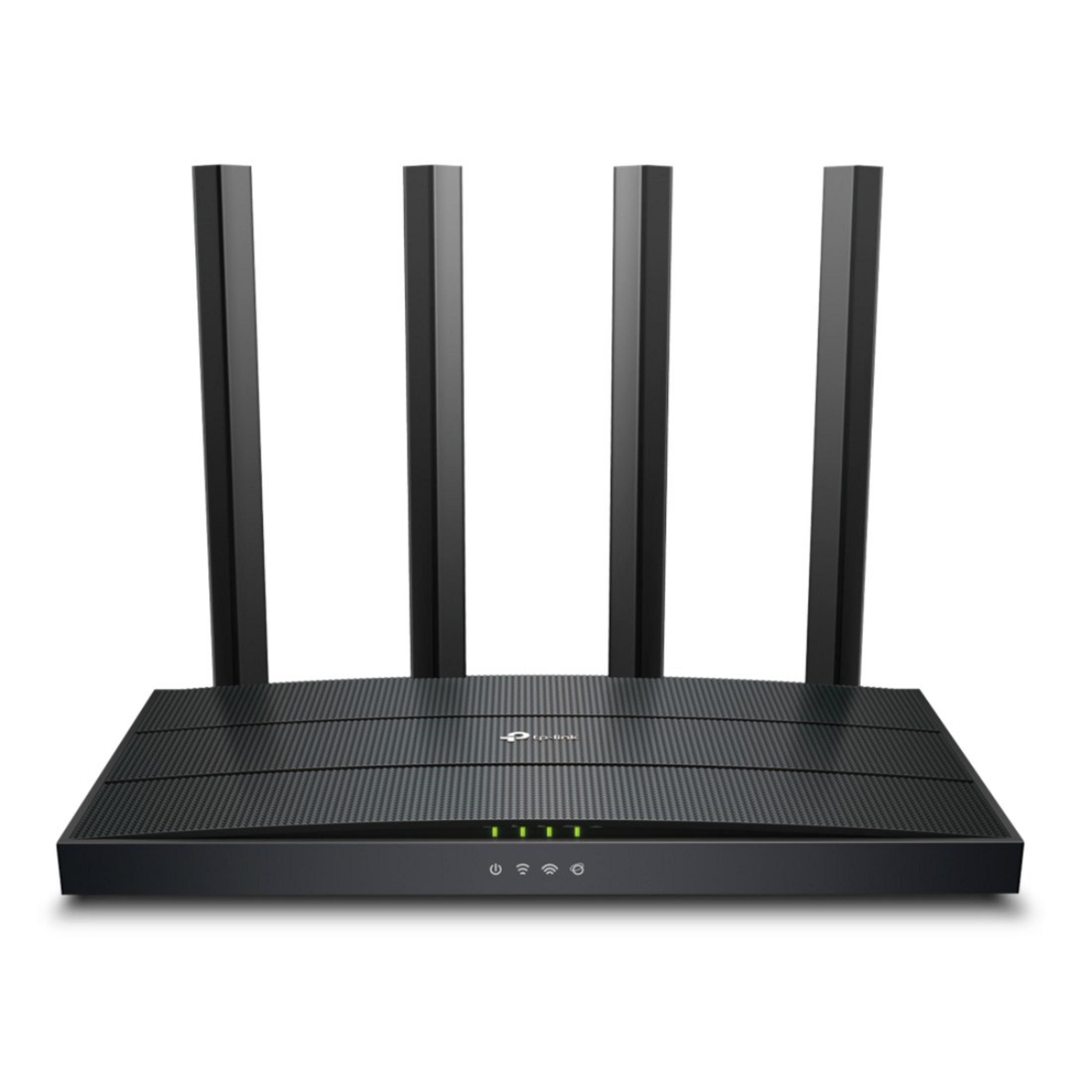 Routeur noir avec quatre antennes, lumières vertes et logo TP-Link sur surface blanche.