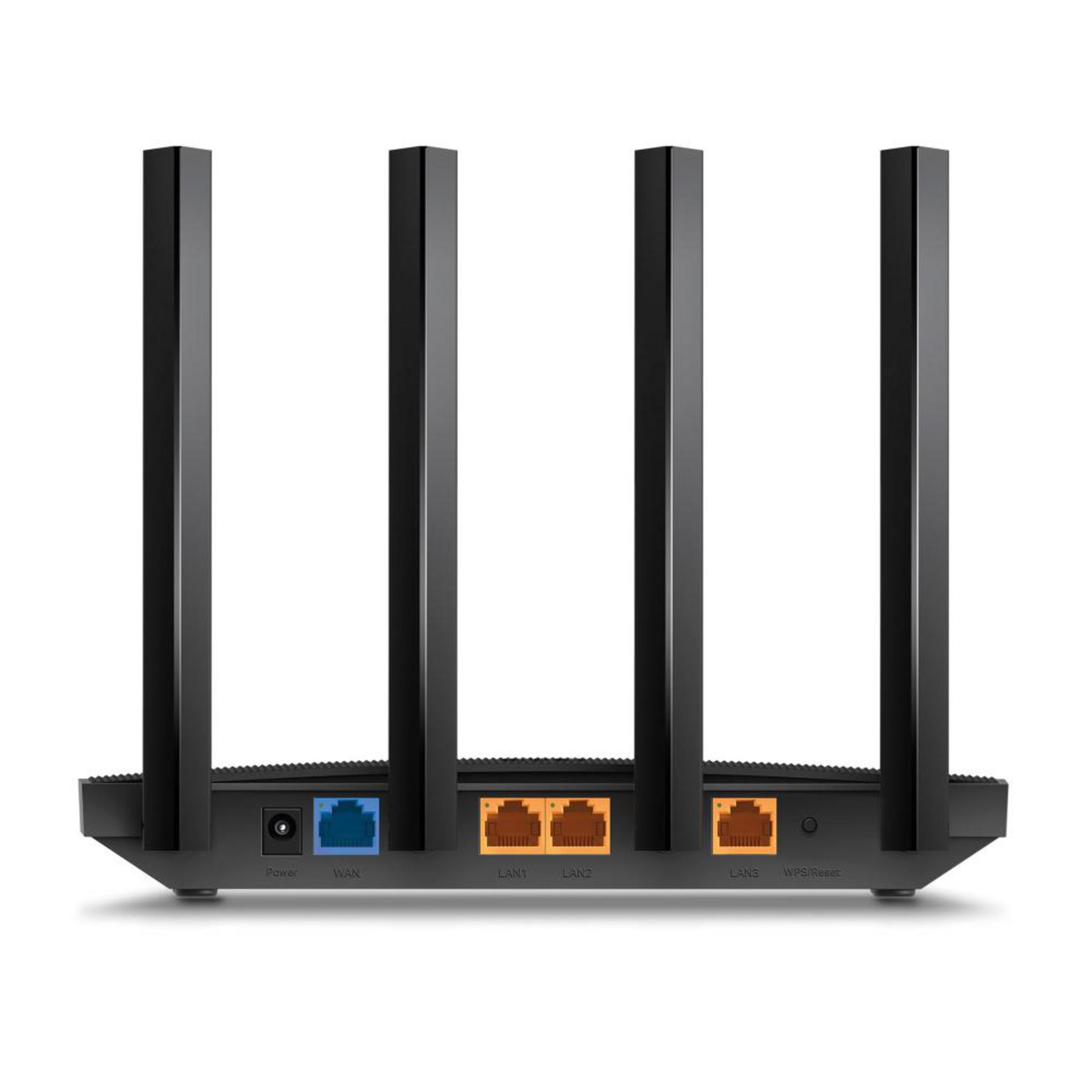 Un routeur blanc avec quatre antennes et des ports étiquetés WAN, LAN1, LAN2, LAN3, WPS/Reset et Power.