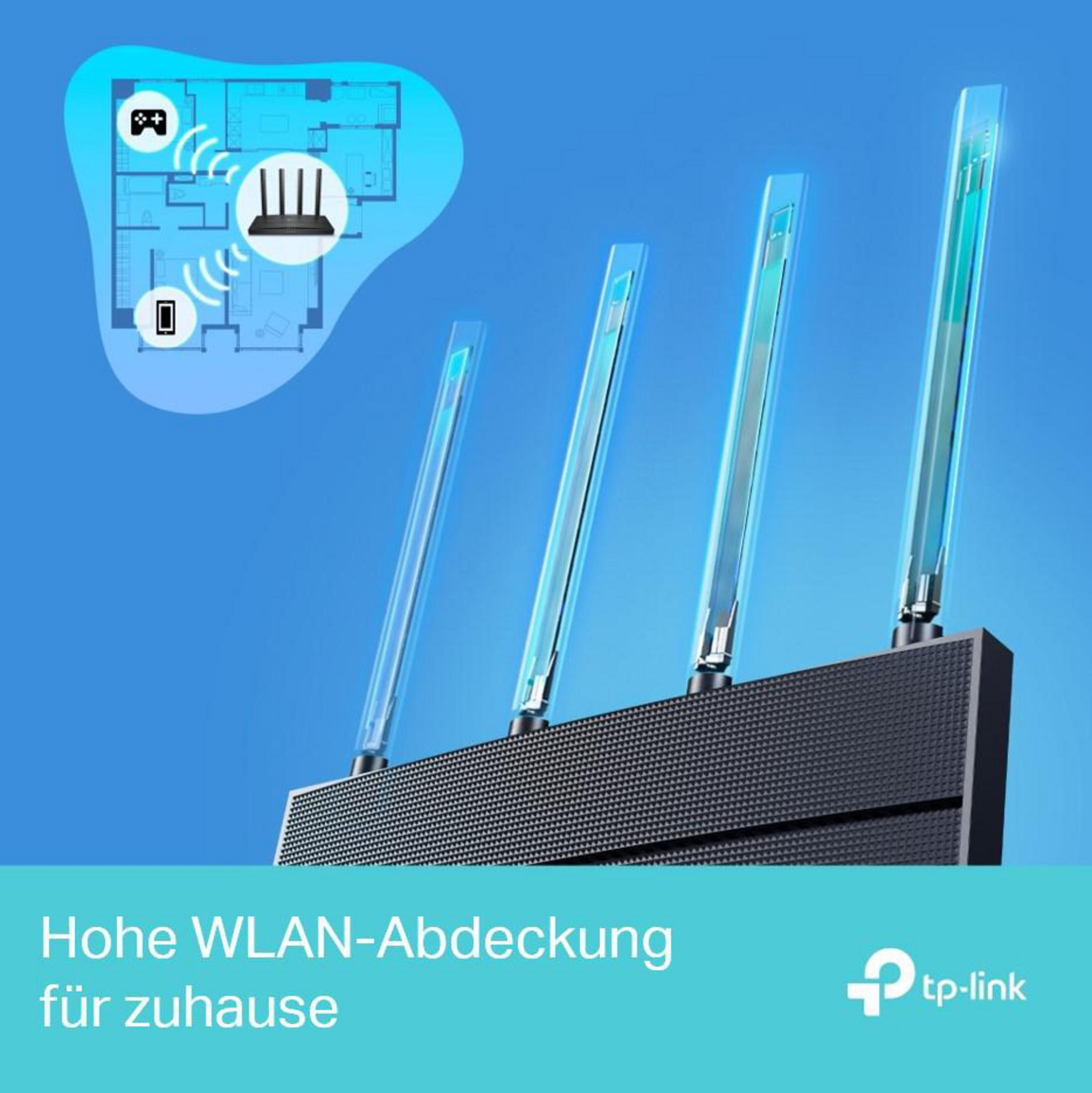 Un routeur avec des antennes émettant des ondes de signal wifi, montrant un plan de maison avec des appareils connectés. Logo TP-Link.