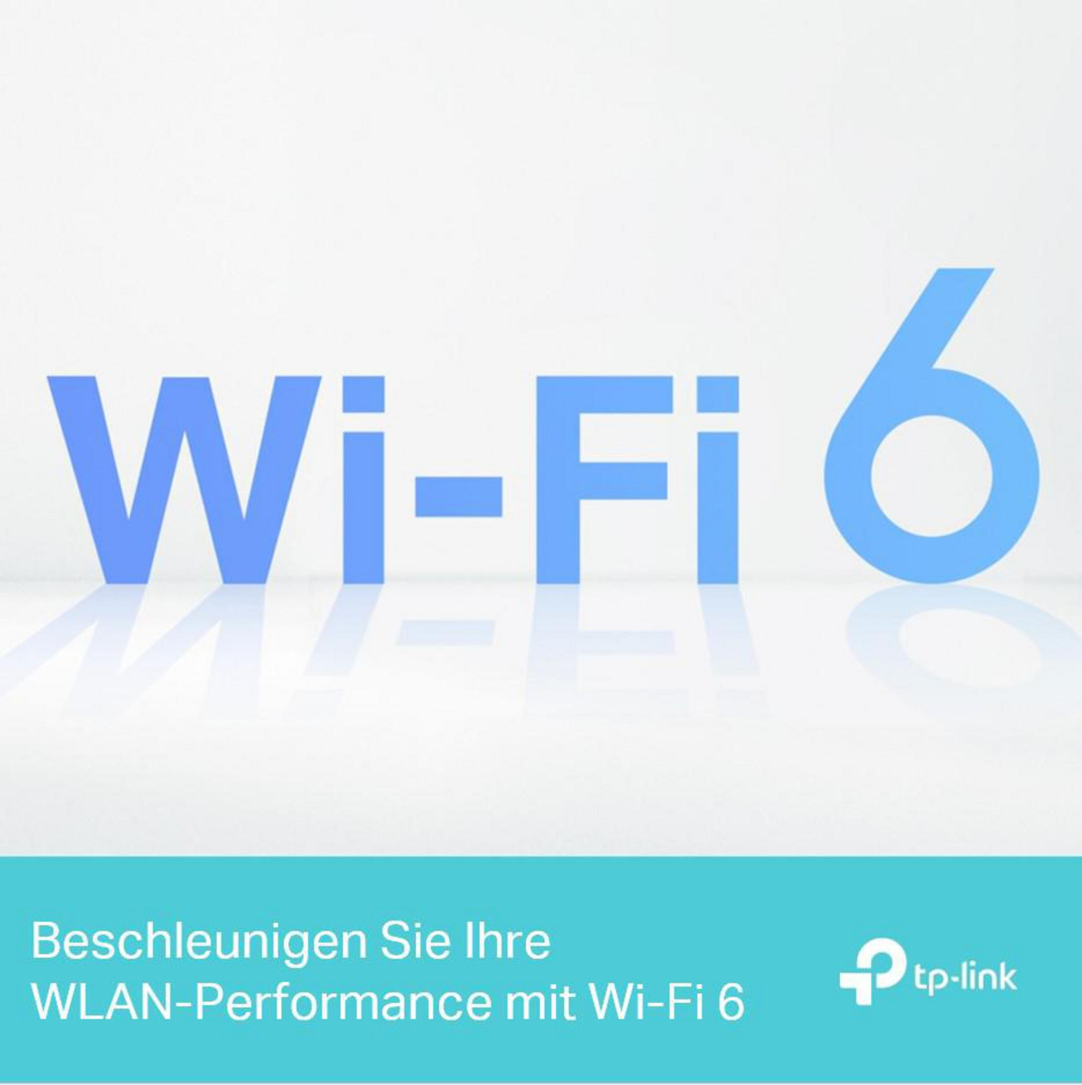 Texte Wi-Fi 6 en bleu, avec logo TP-Link en bas, sur fond clair.