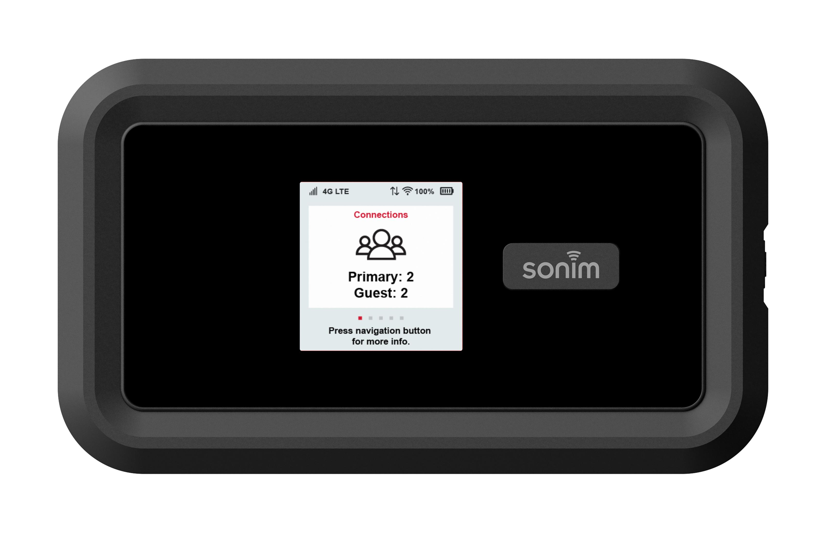 Dispositivo nero con schermo che mostra le connessioni. Lo schermo mostra utenti primari e ospiti con logo Sonim.