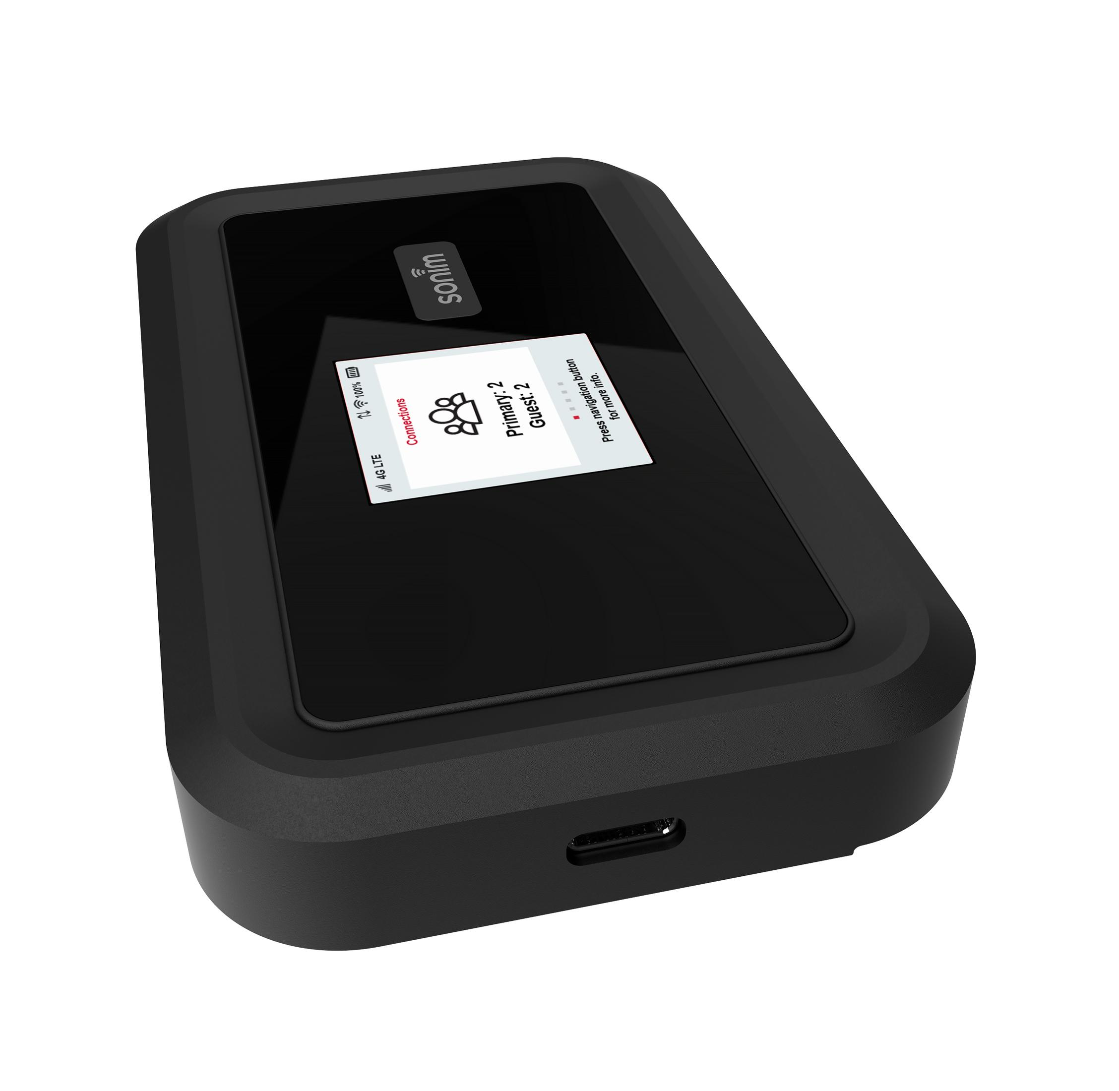 Router wifi portatile nero con schermo. Mostra lo stato della connessione e le informazioni sul dispositivo.