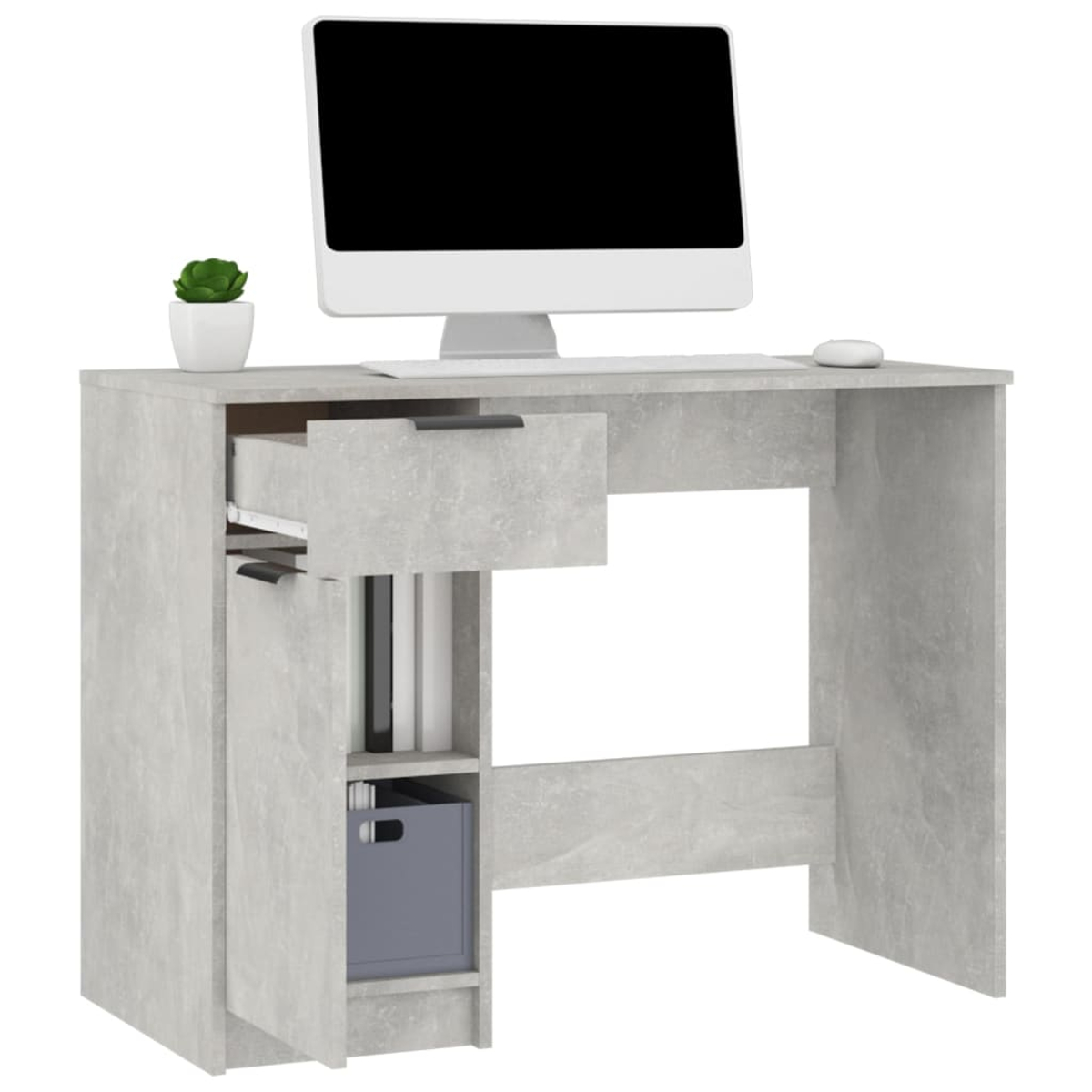 Grauer Schreibtisch mit offener Schublade. Computermonitor, kleine Pflanze und Maus. Grauer Schrank mit Regal.