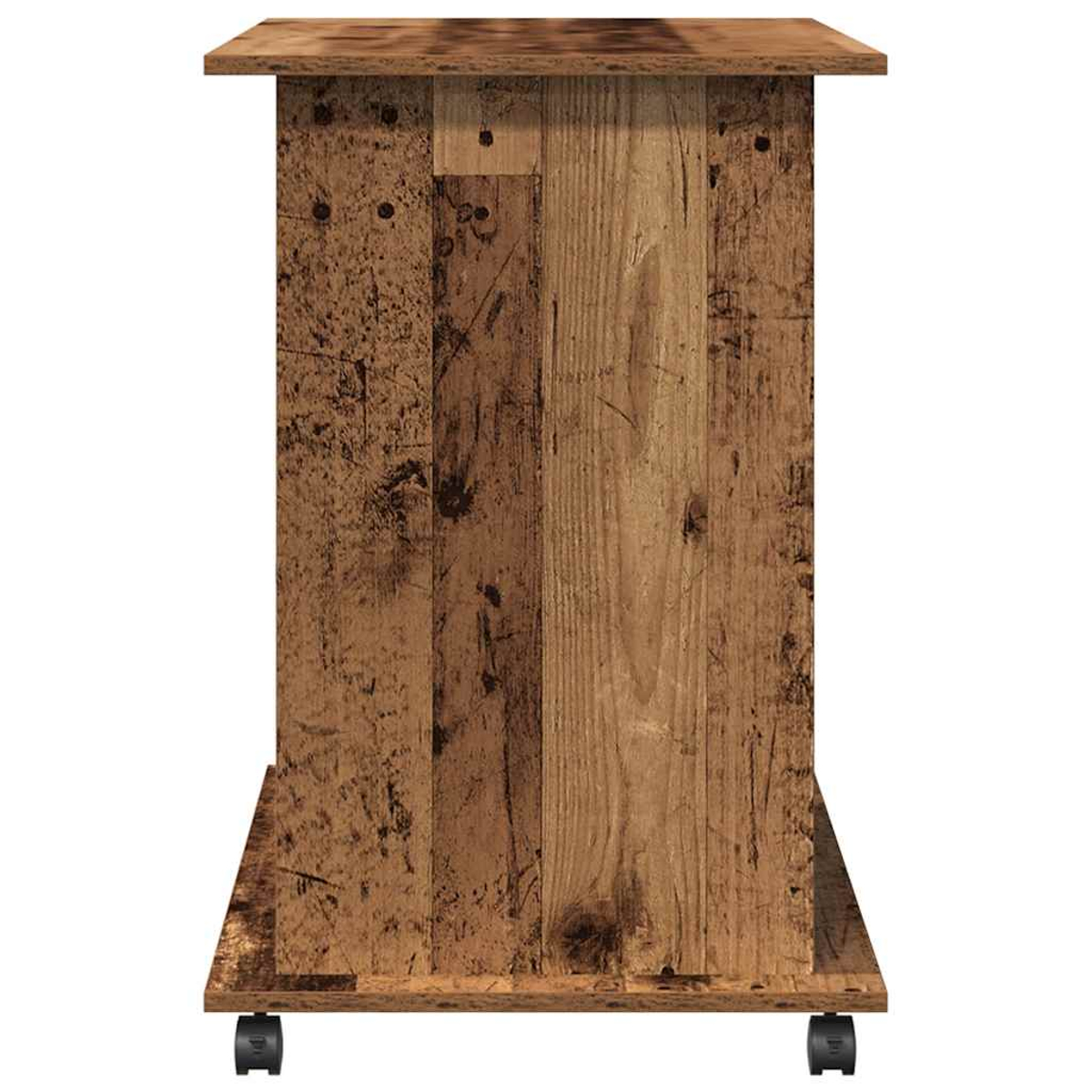 Holzschrank mit Rädern. Er hat eine braune Oberseite. Die Holzmaserung ist sichtbar.