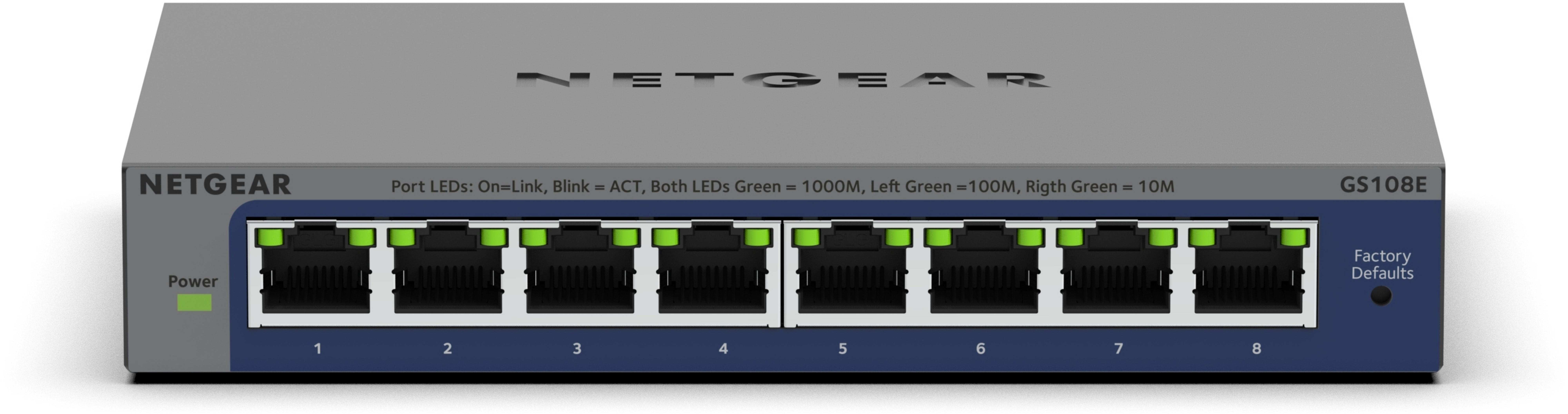 Switch di rete Netgear GS108E, grigio con accenti blu, otto porte con LED verdi.
