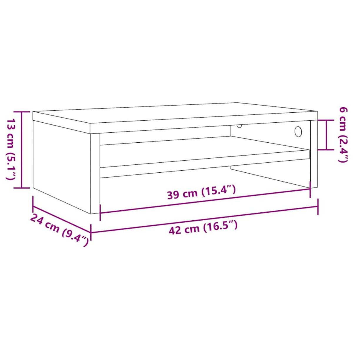 Ein Diagramm zeigt die Abmessungen eines rechteckigen TV-Ständers aus Holz, mit Maßen in cm und Zoll.