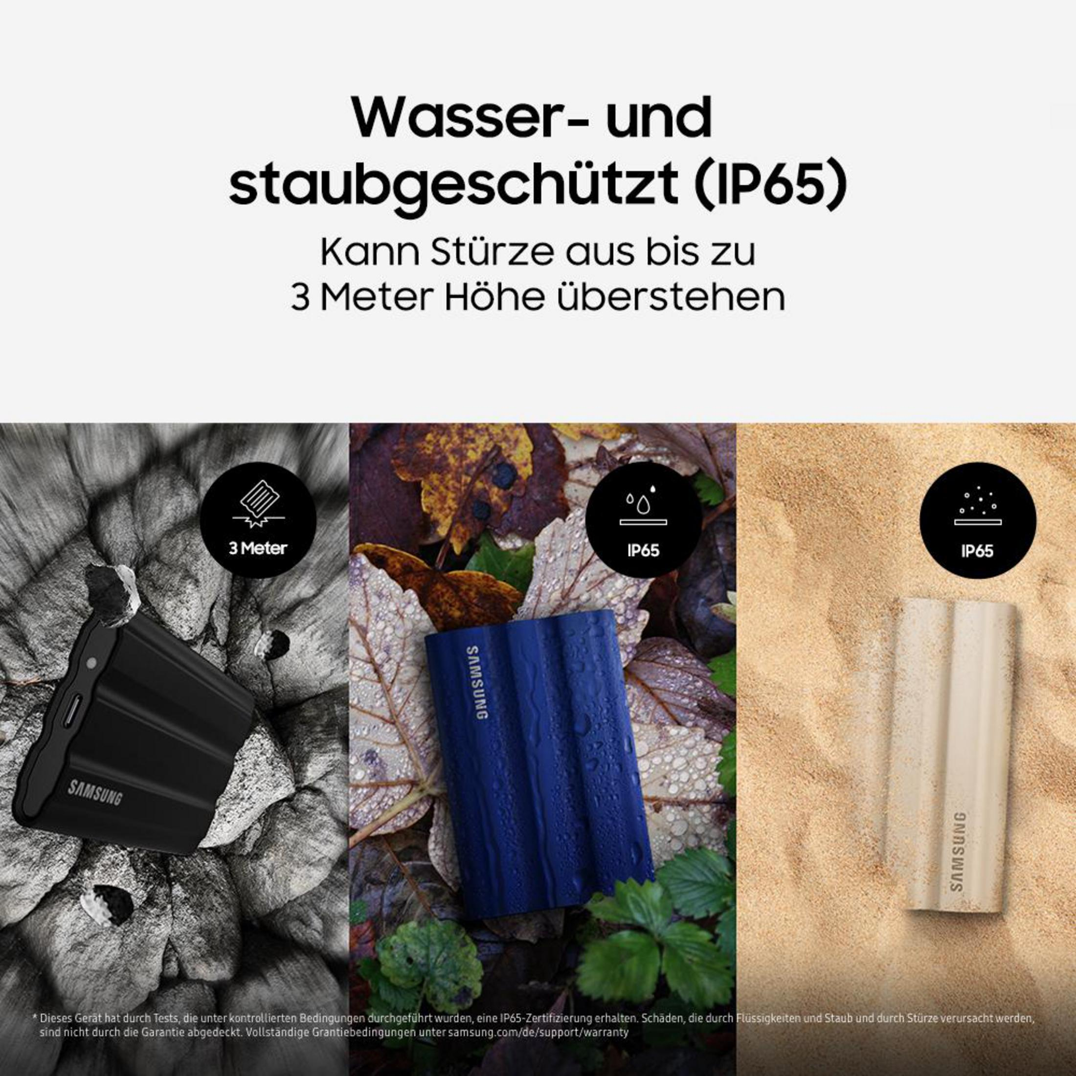 Pokazano trzy zewnętrzne dyski twarde Samsung. Są zabezpieczone przed wodą i kurzem.