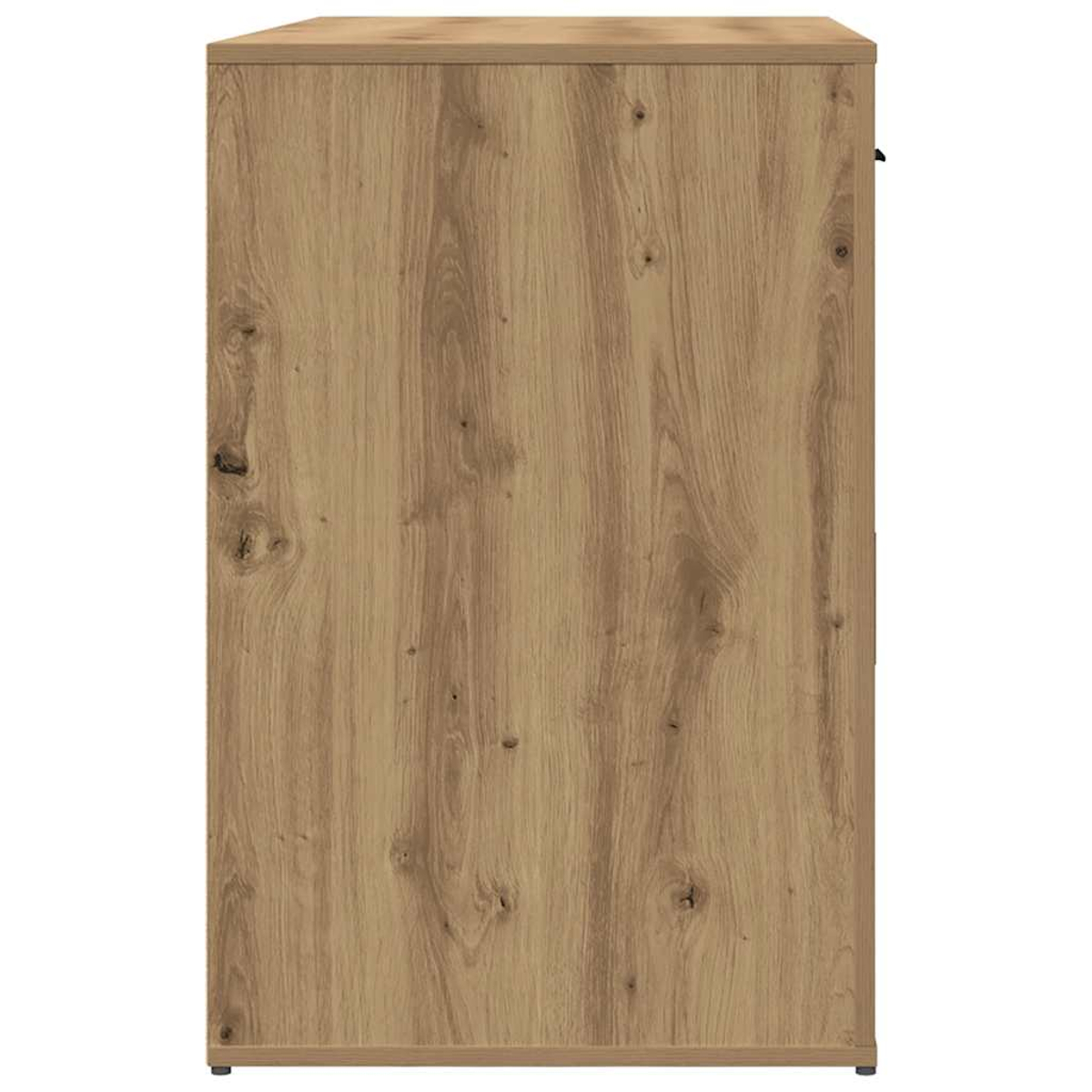 Ein Holzschrank von der Seite. Die Holzmaserung ist sichtbar. Er hat eine Tür und einen Griff.