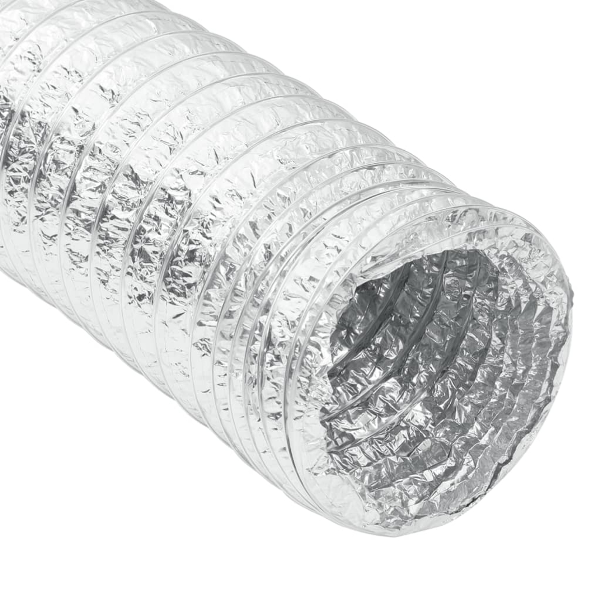 Flexibler silberner Metallkanal. Es ist ein gewickeltes Rohr auf weißem Hintergrund.