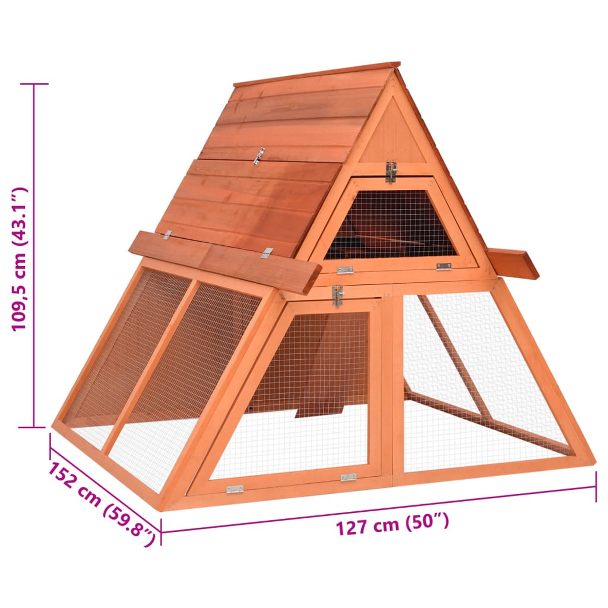 Hühnerstall aus Holz mit Maßangaben an der Seite. Er ist dreieckig geformt.