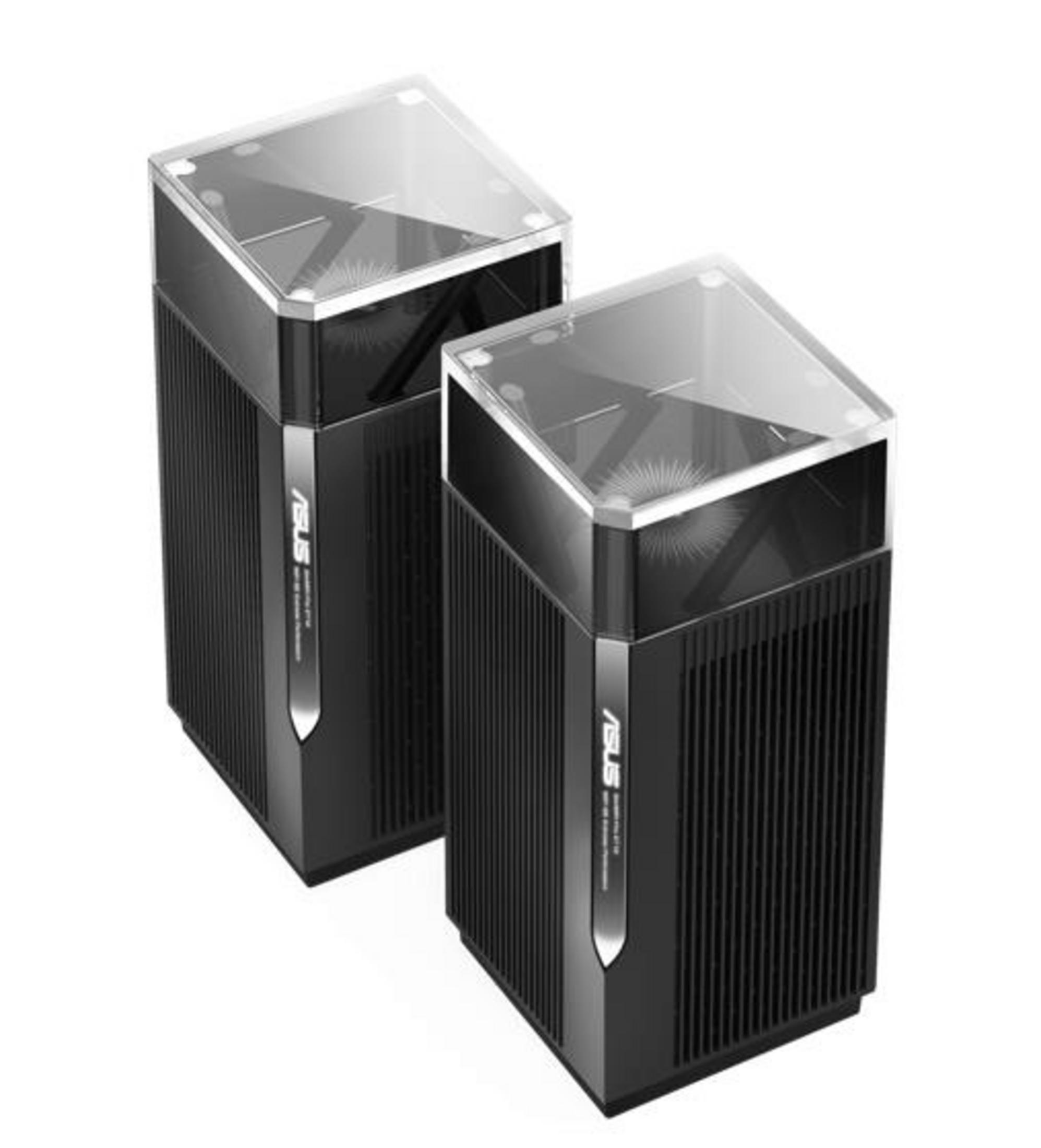 Zwei schwarze, quadratische Router mit klaren Oberseiten. Schwarze vertikale Linien an den Seiten.
