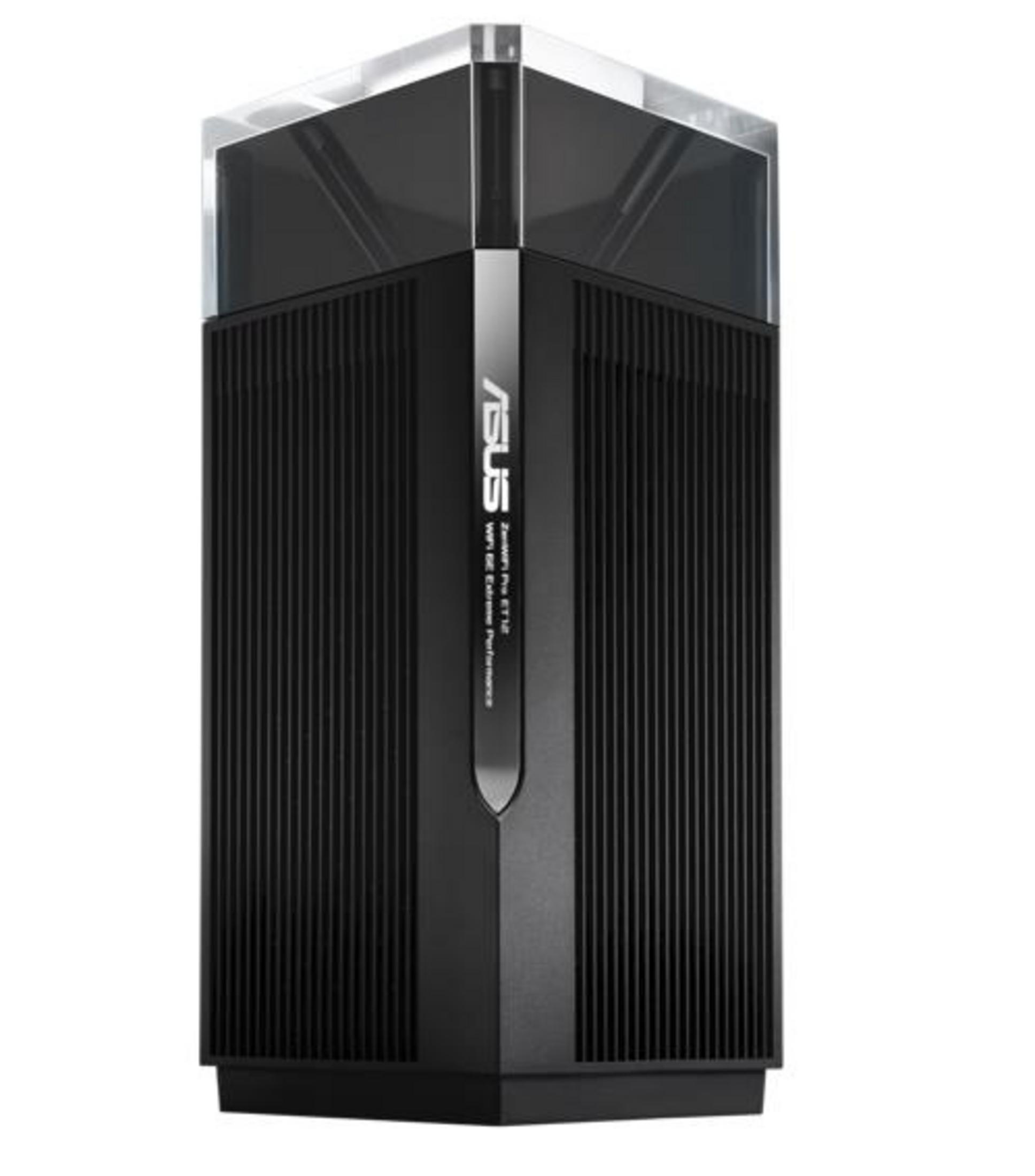 Schwarzer Router mit dem ASUS-Logo. Er hat eine klare Oberseite und ein vertikales Design.