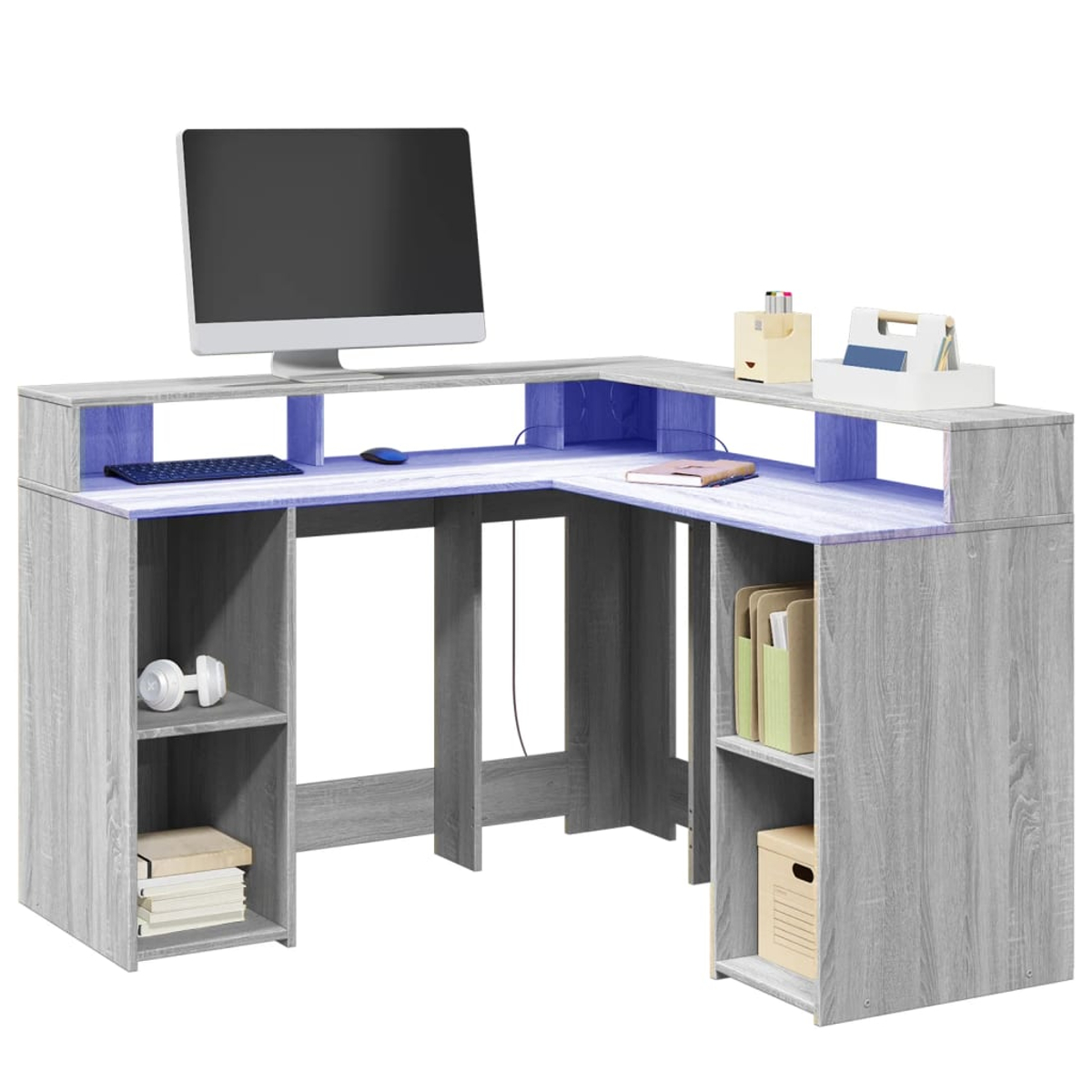 L-förmiger Holzschreibtisch mit Monitor, Regalen und Schubladen. Grau und blaue Akzente. Weißer Hintergrund.