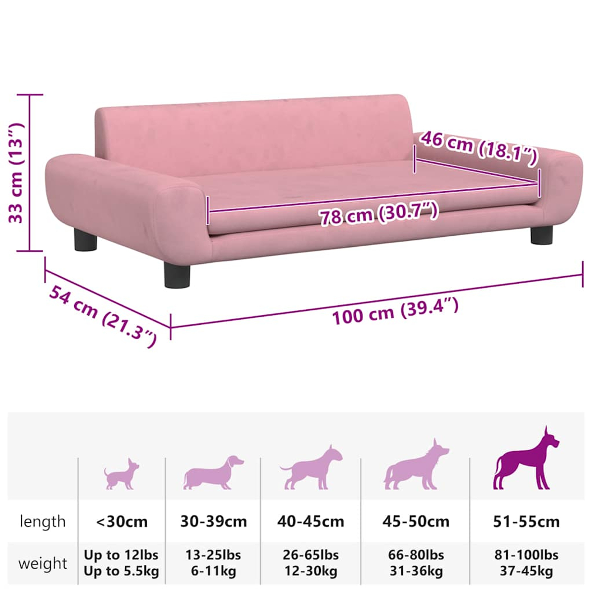 Ein rosa Hundebett mit Maßen und einer Größentabelle für Hunde.