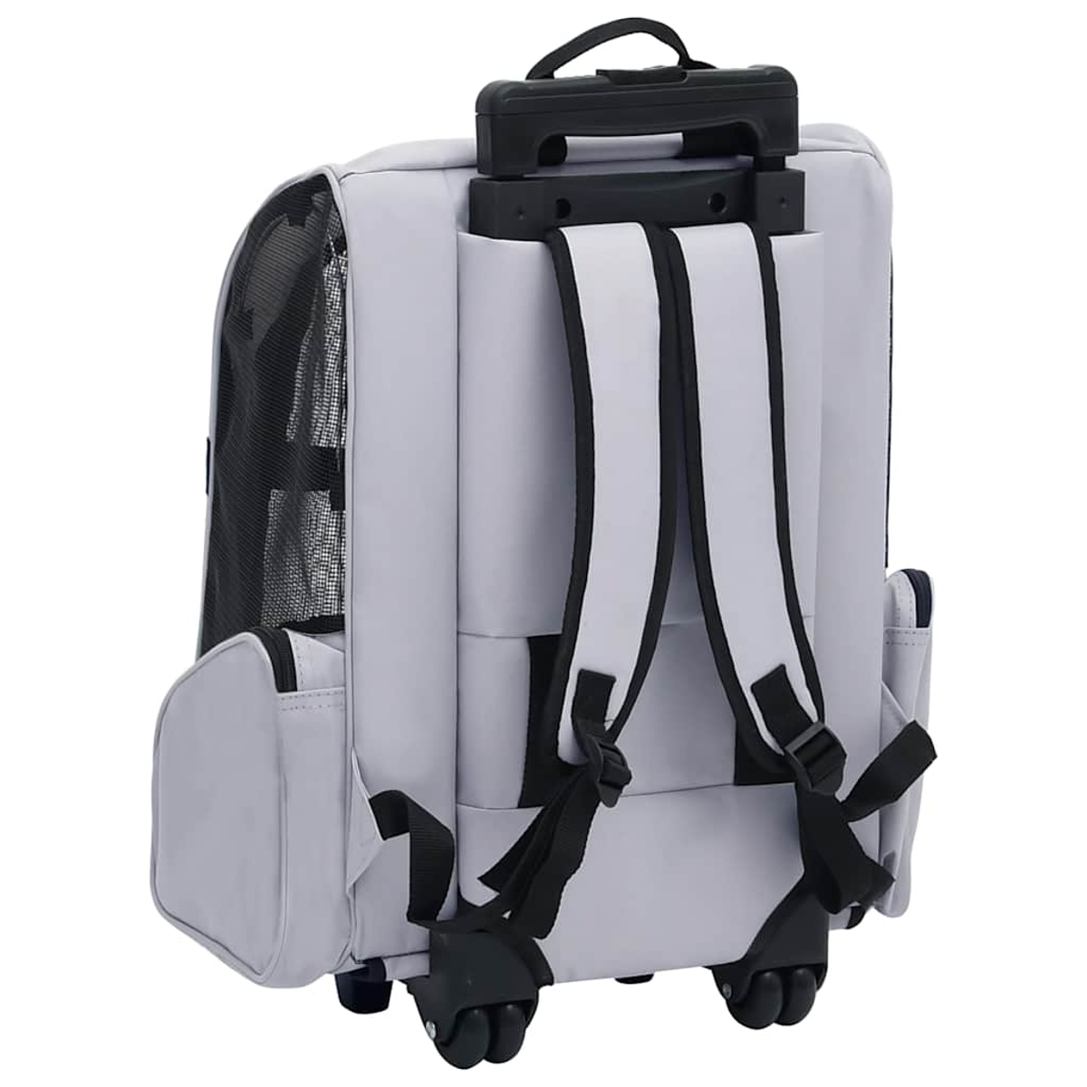 Ein grauer Haustierträger-Rucksack mit Rädern, Gurten und einem Netzfenster.