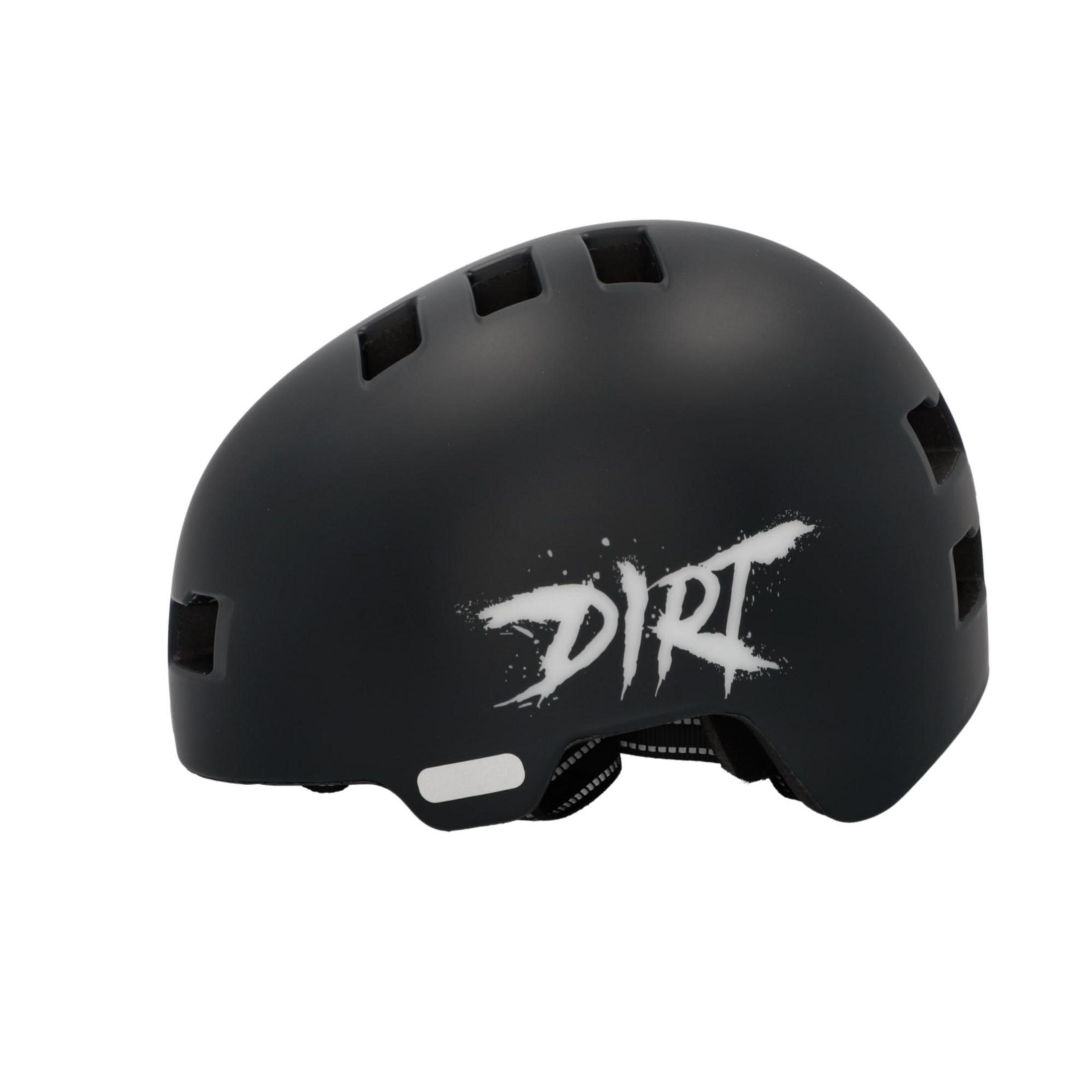 Schwarzer Fahrradhelm mit weißem "DIRT"-Logo.