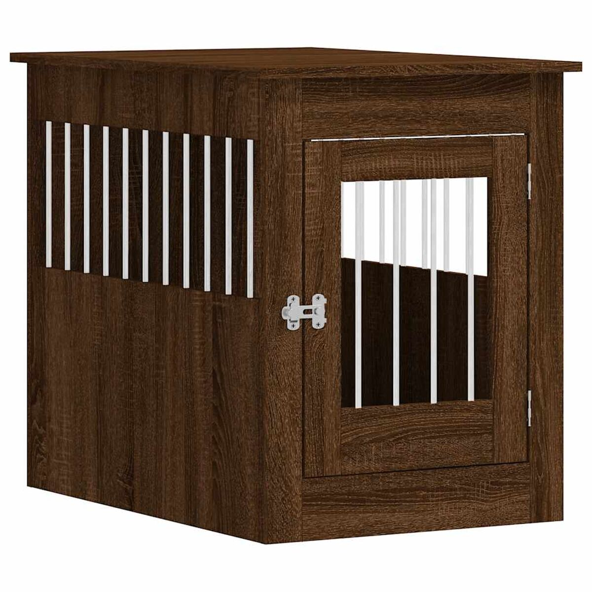 Hunde-Holzkiste mit Tür und Fenster. Die Kiste ist braun mit senkrechten weißen Stäben am Fenster.