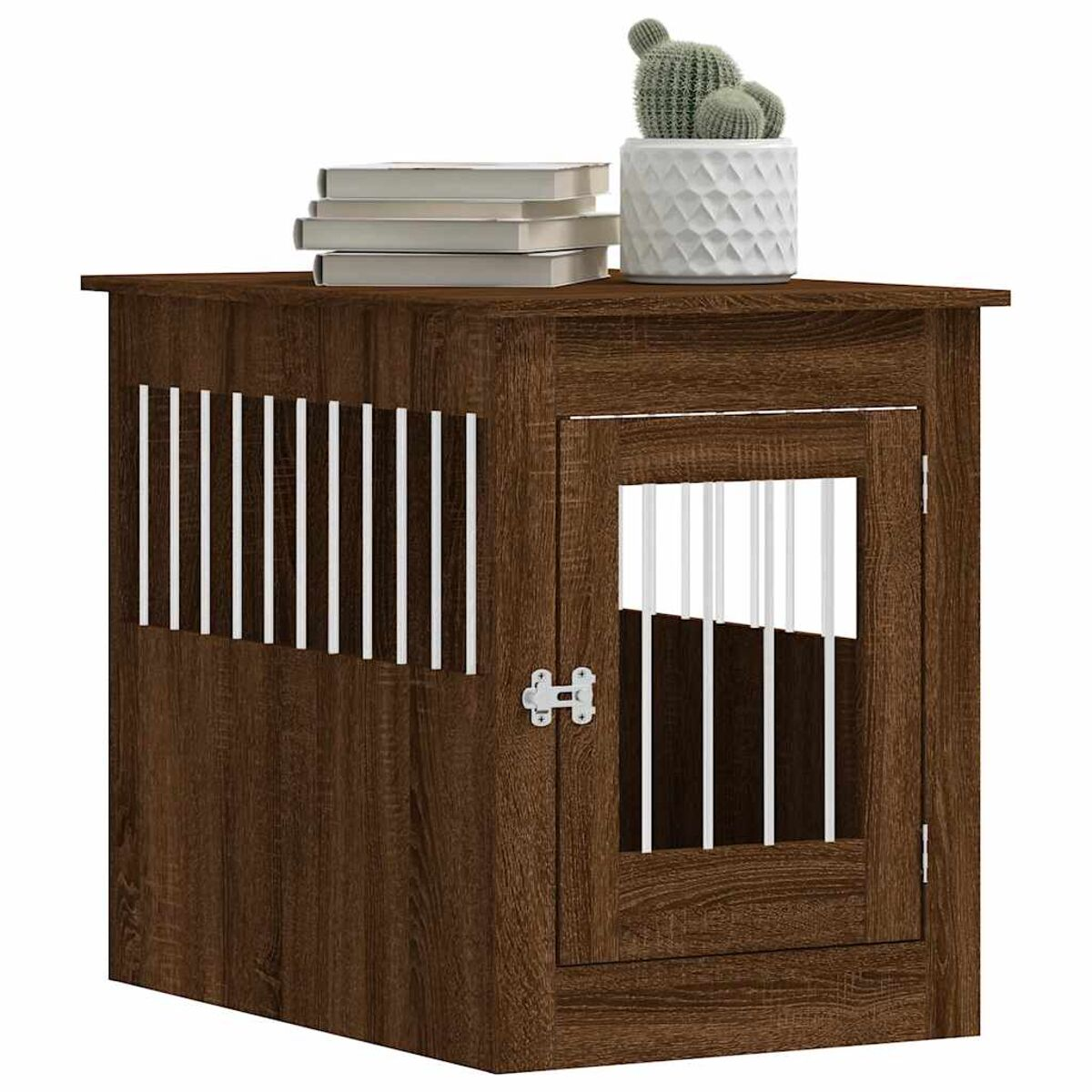 Hundekäfig aus Holz mit Tür und weißen Stäben. Der Käfig hat einen Kaktus und Bücher oben drauf.