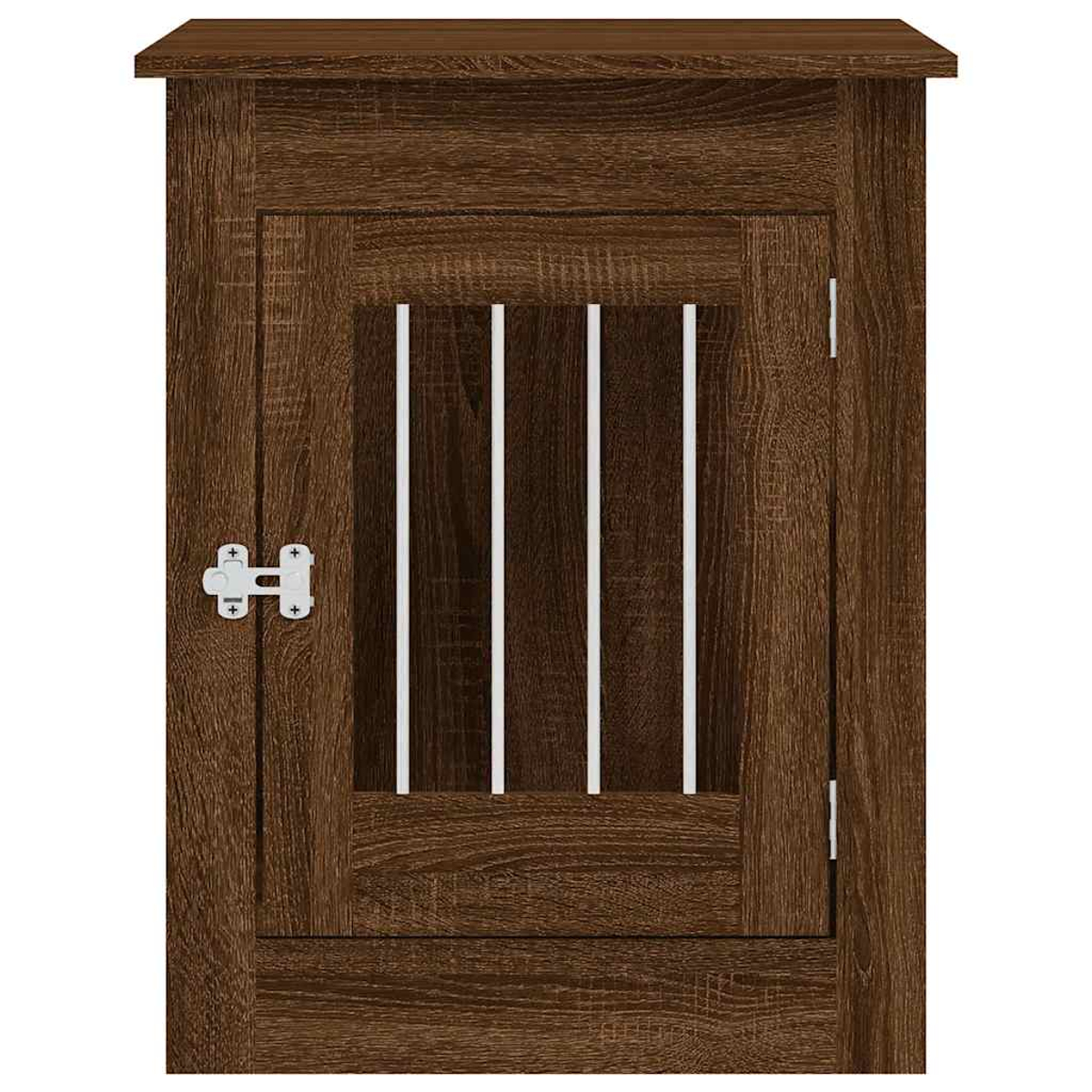 Ein brauner Holzschrank mit Tür und weißem Sprossenfenster. Die Tür hat einen silbernen Griff.