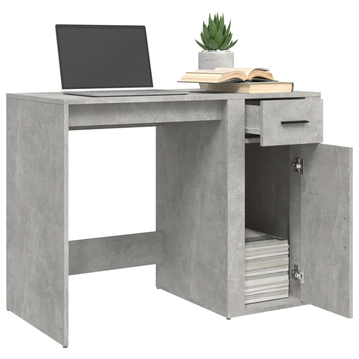 Ein grauer Schreibtisch mit Laptop, Schublade und Schrank. Eine Pflanze und Bücher sind oben.