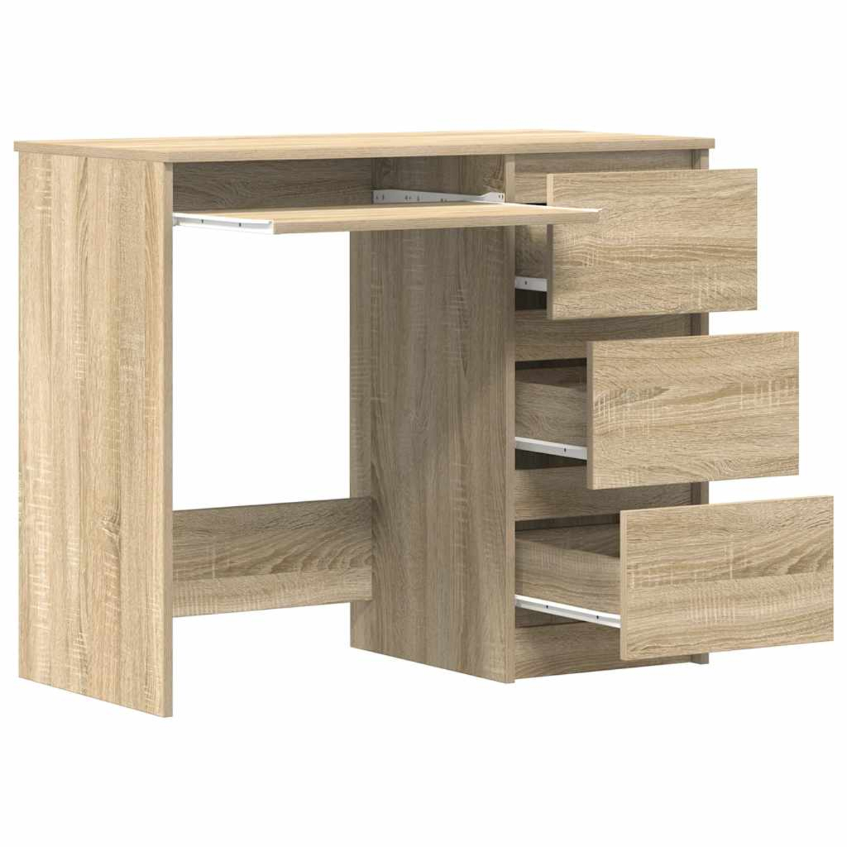 Holzschreibtisch mit ausgezogenen Schubladen. Hellbraune Farbe, sauberes Design.
