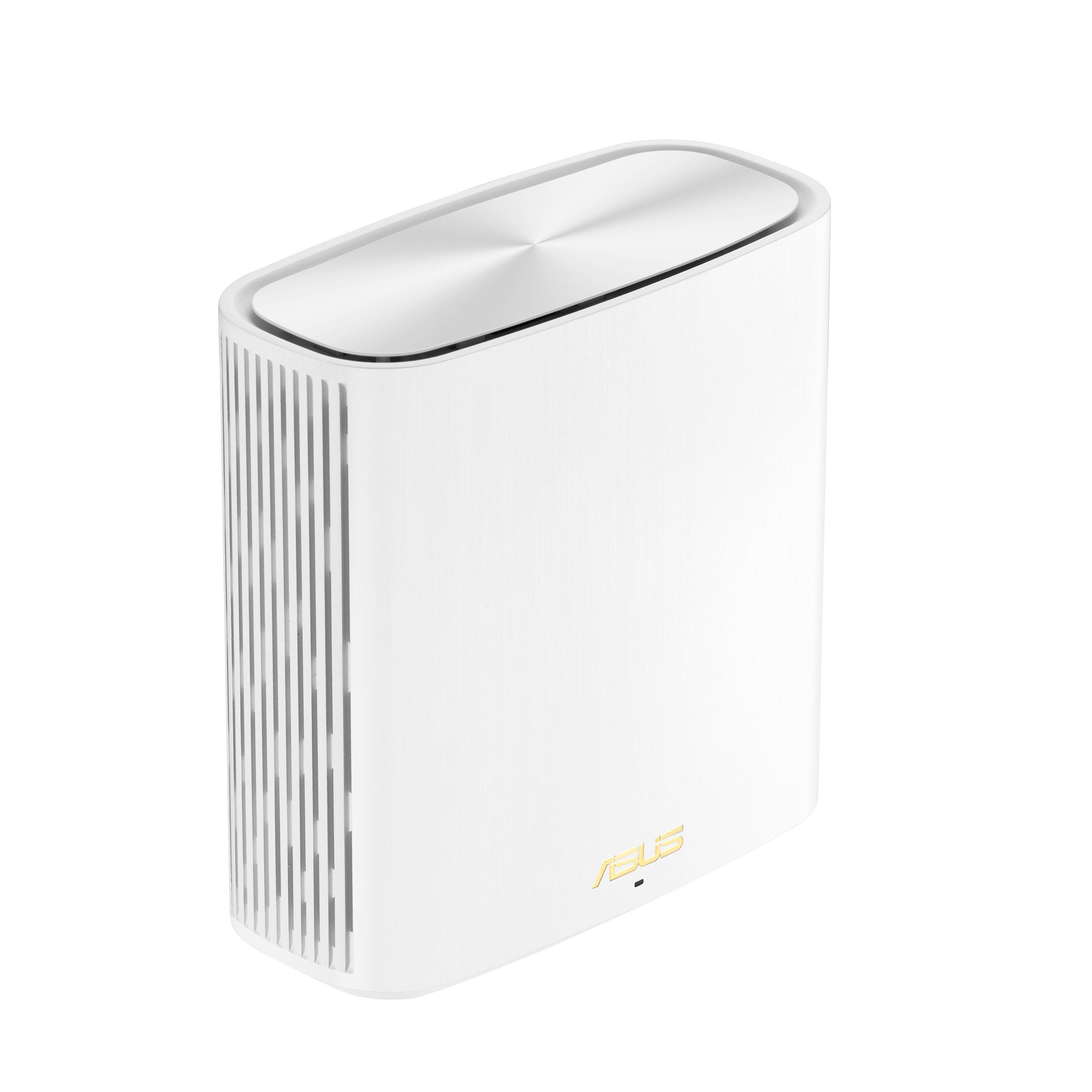 Ein weißer Router mit goldfarbener Oberseite und dem ASUS-Logo.