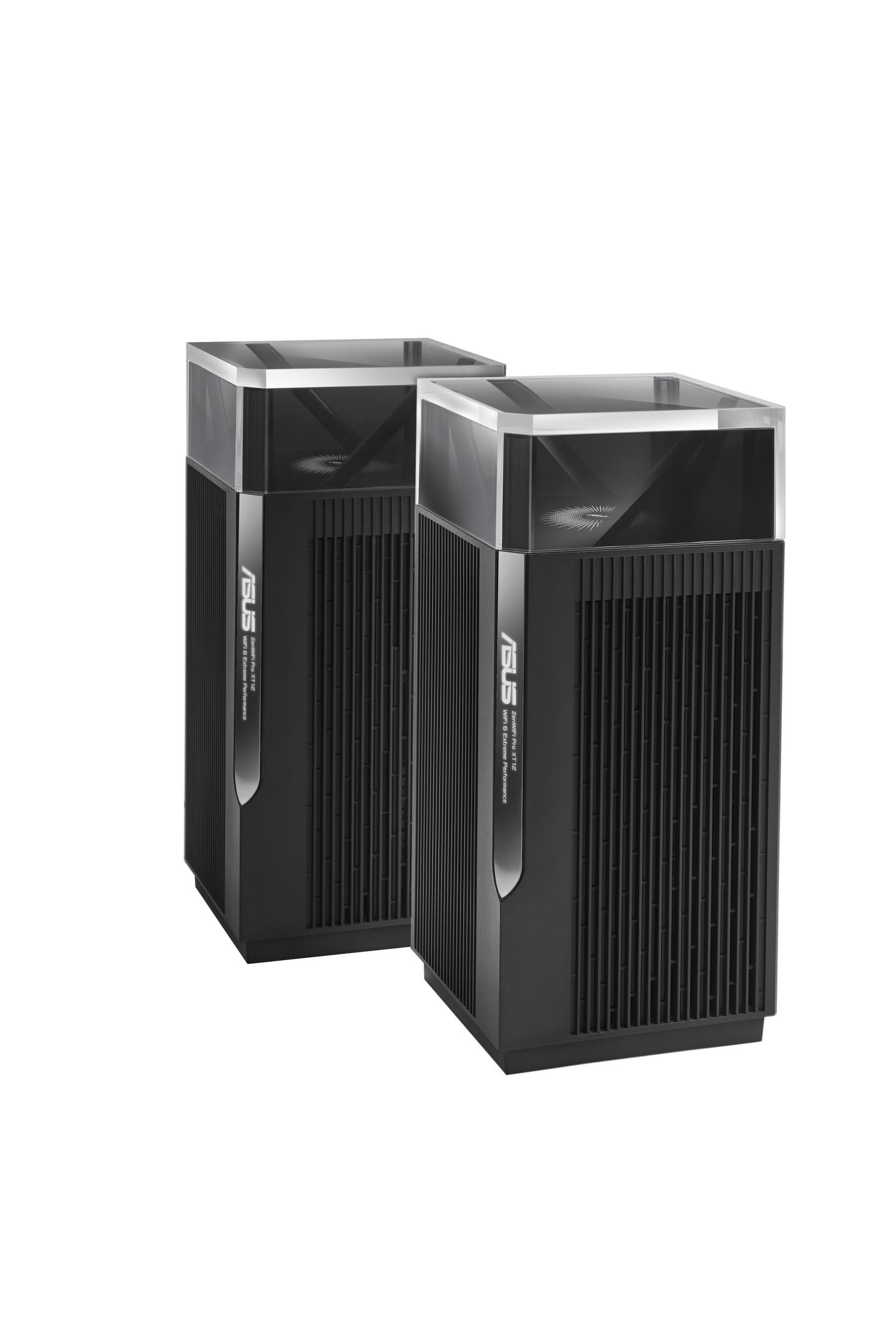Zwei schwarze Router mit transparenten Oberteilen auf weißem Hintergrund. Das ASUS-Logo ist sichtbar.