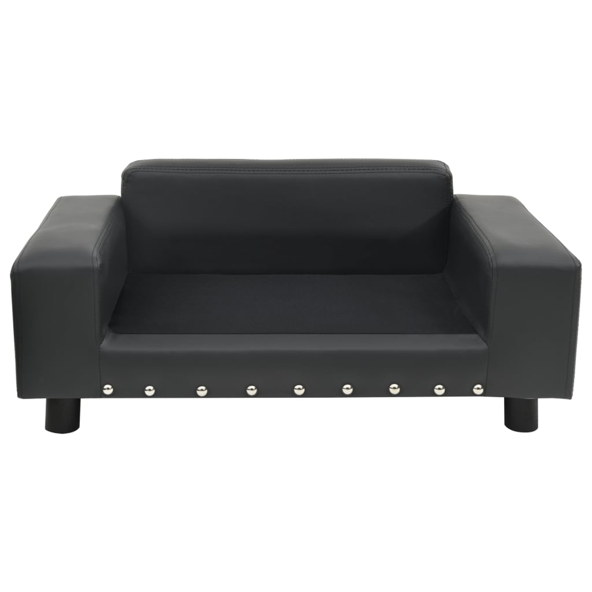 Schwarzes Hundesofa mit silbernen Nieten und schwarzen Beinen.