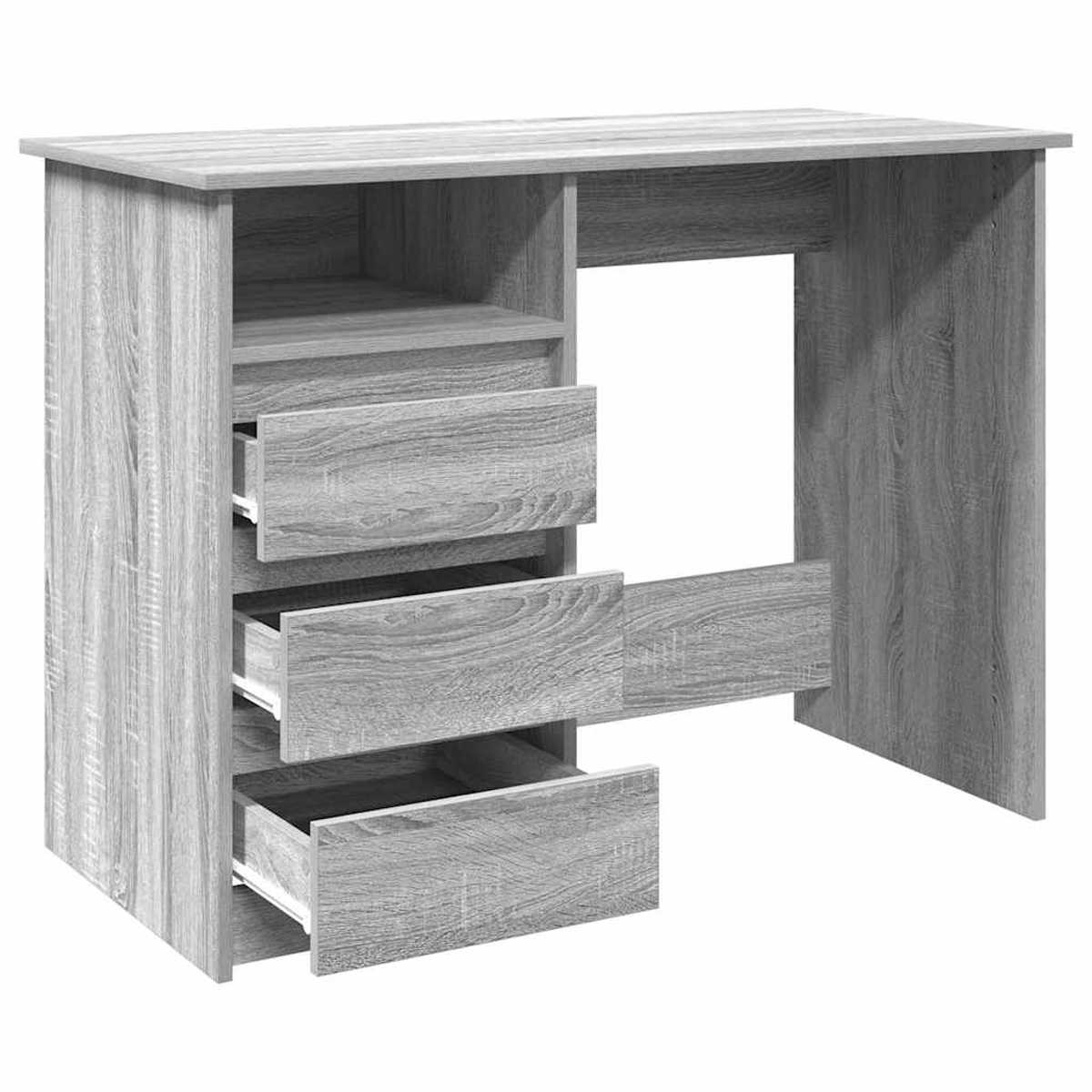 Grauer Schreibtisch mit Schubladen, einige offen. Holzmaserung auf der Oberfläche sichtbar.