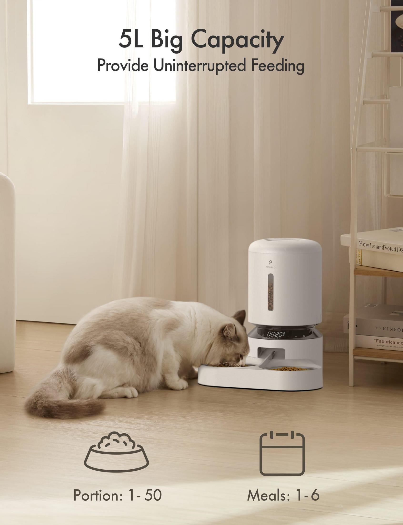 Un distributore di cibo bianco per animali domestici con un gatto che mangia, istruzioni e ora visualizzate.
