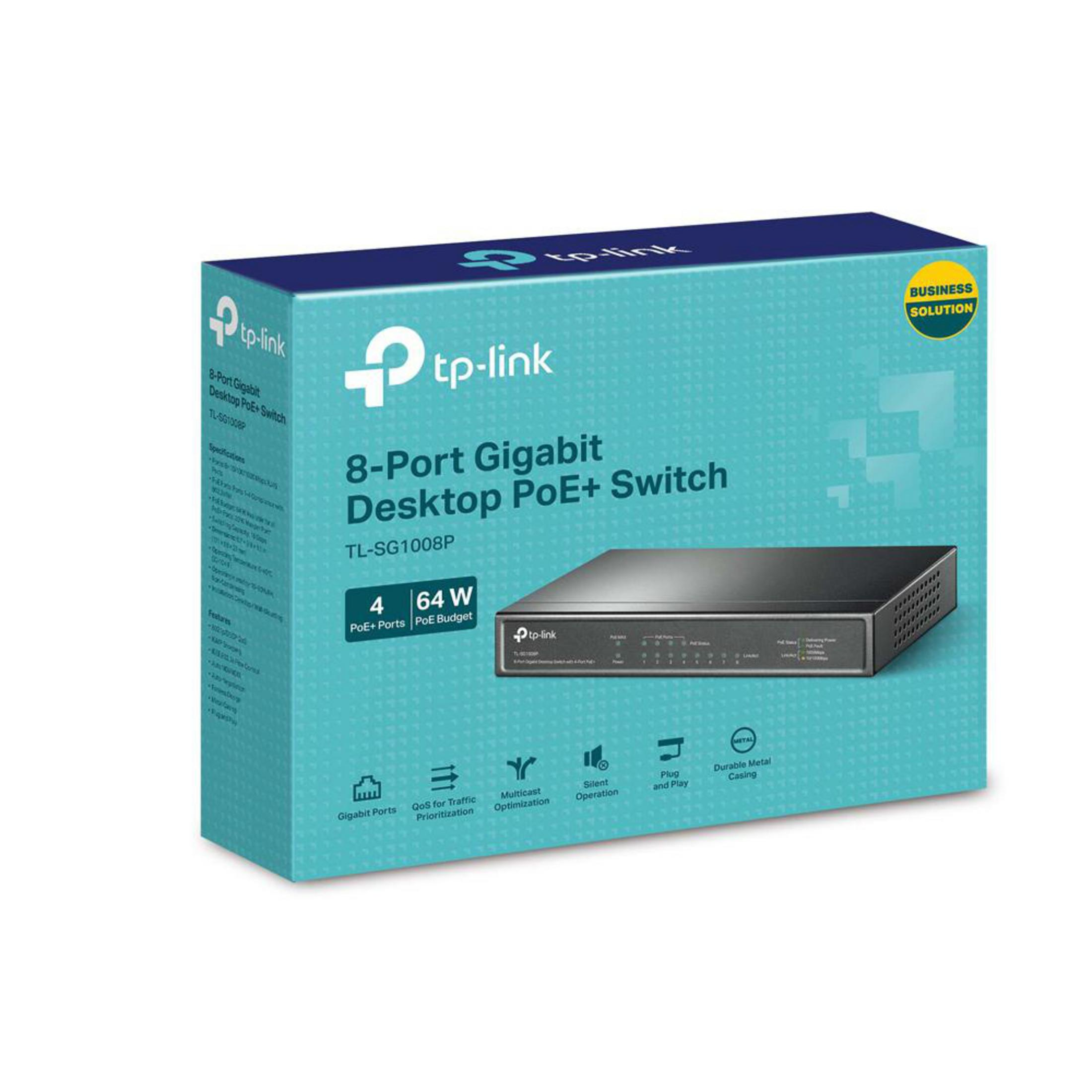 Pudełko z czarnym 8-portowym przełącznikiem Gigabit Desktop PoE+ TP-Link. Pudełko jest niebiesko-białe. Przełącznik jest na pudełku.