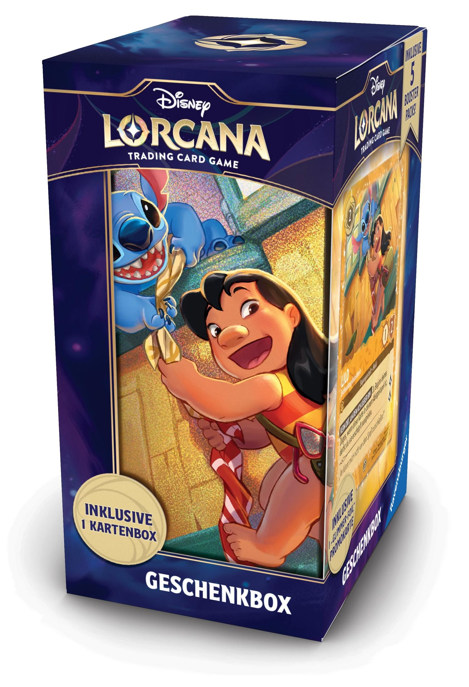 Boîte de jeu de cartes à collectionner Disney Lorcana, avec Stitch et Lilo, et texte.