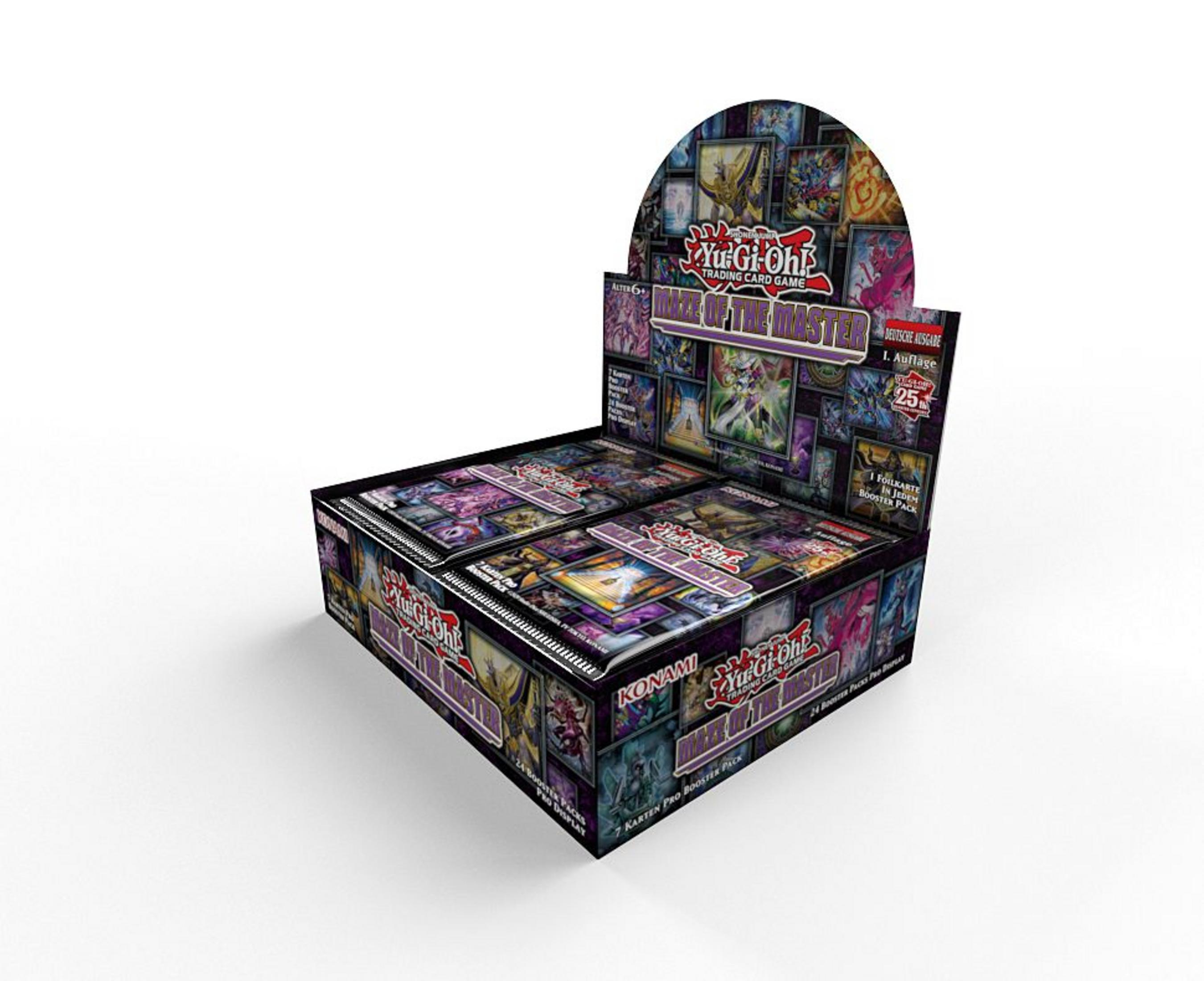 Yu-Gi-Oh! Trading Card Game Box. Zeigt mehrere Boosterpack-Boxen. Weißer Hintergrund.