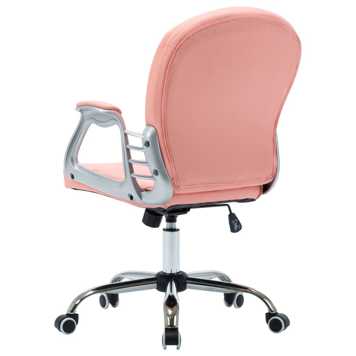 Ein rosa Bürostuhl mit silbernen Armen und einem Chromgestell. Die Rückseite des Stuhls ist sichtbar.