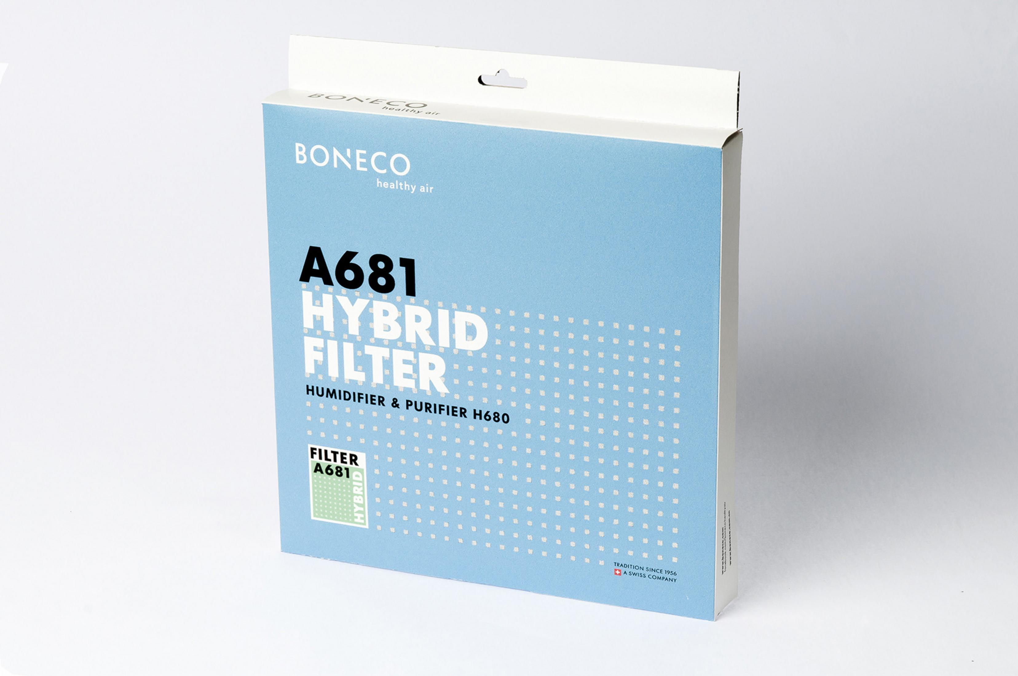 Eine blau-weiße Hybridfilterbox. Es trägt den Markennamen BONECO.