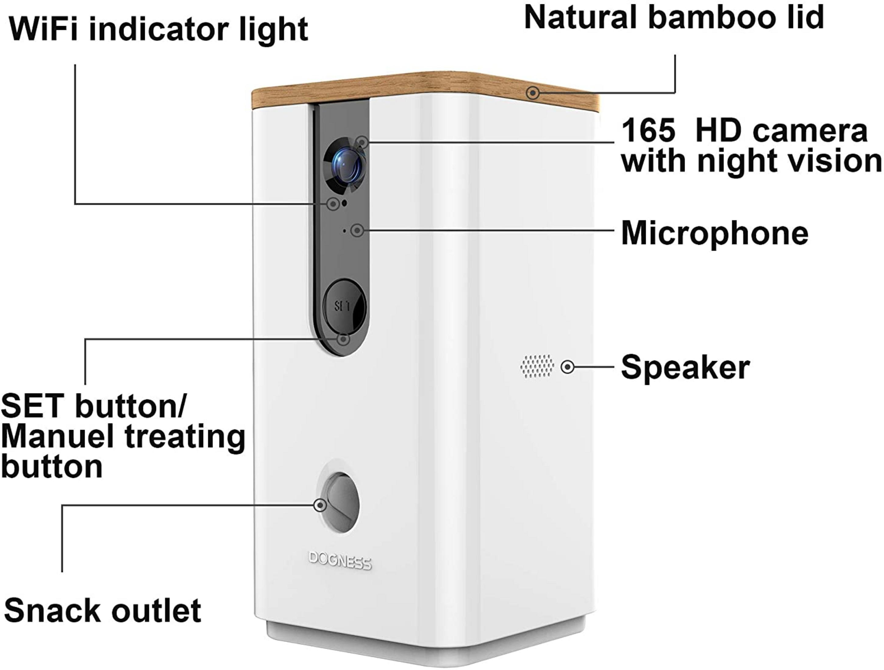 Dispositivo bianco con parte superiore in bambù, etichettato. Ha una fotocamera, un altoparlante e pulsanti.